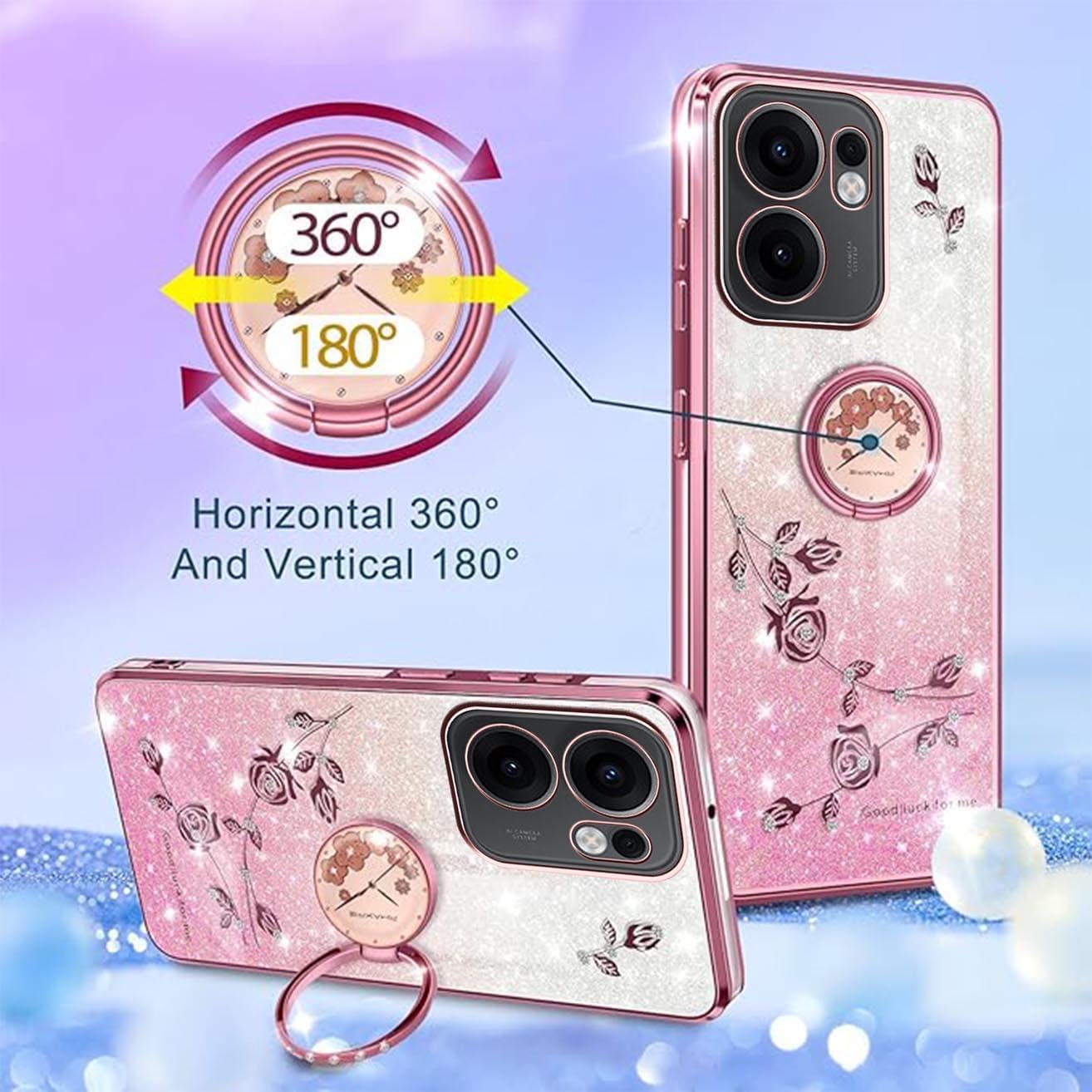 YUEQIAN Glitter Case for Oppo Reno13 F 5G/Reno 13F 4G/Reno13 FS, Ultra Thin Transparent Soft TPU Silicone Shockproof Mobile Phone Case, Shiny Diamond Flowers Ring Stand Women Protective Case Pink image number 4