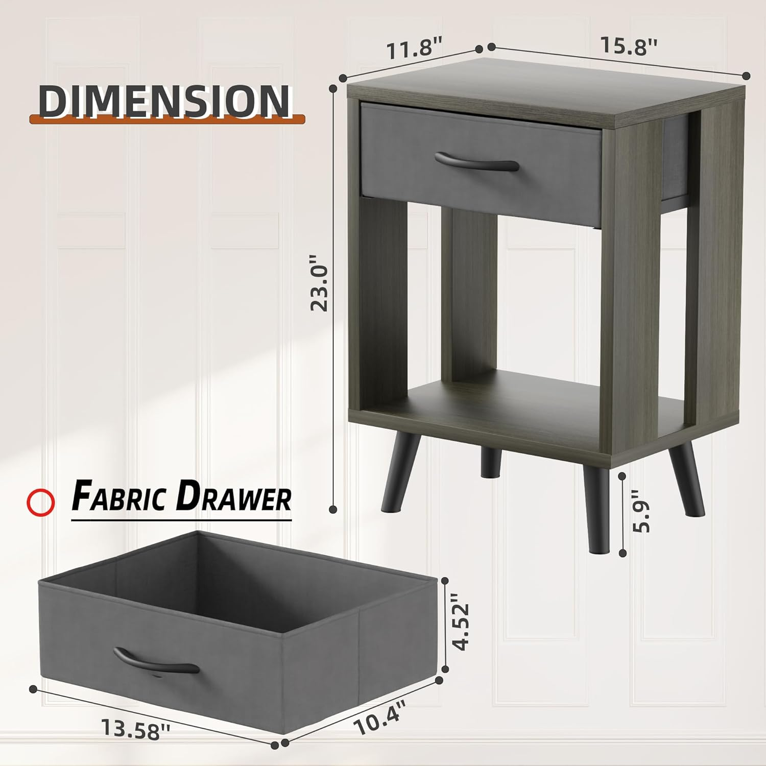 GYIIYUO Nightstands Set of 2 with Black Fabric Storage Drawer and Open Wood Shelf, Side Table with Storage for Bedroom, Bedside Tables - Gray 23.7" H - Rustic Brown image number 7