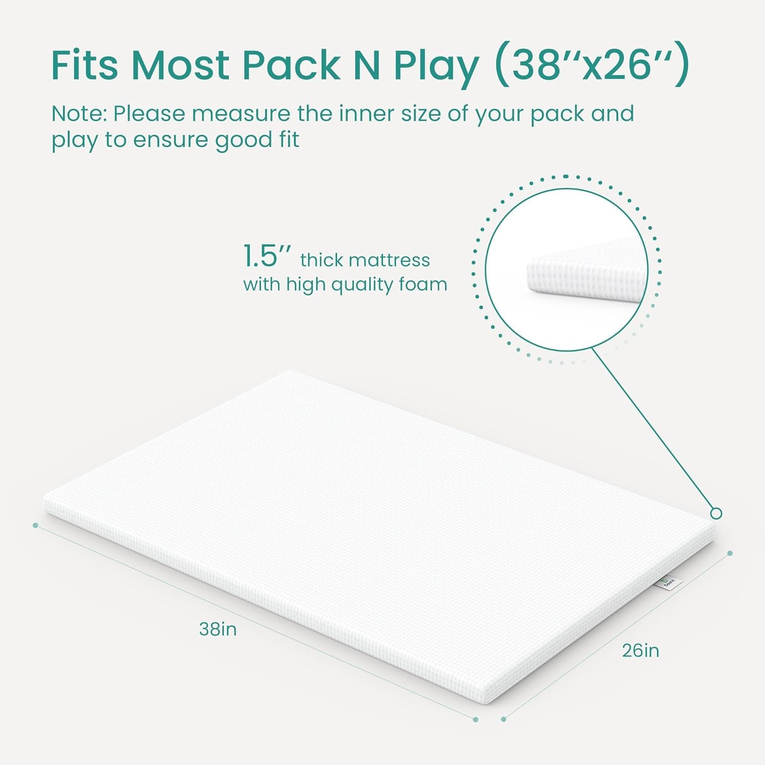 Baby Cot Mattress 38''X26''X1.5'', Waterproof Pack and Play Mattress with Removable Zipper Cover and Carrying Bag, Portable Crib Mat, Memory Foam Pad, for Playpens, Portacot image number 4