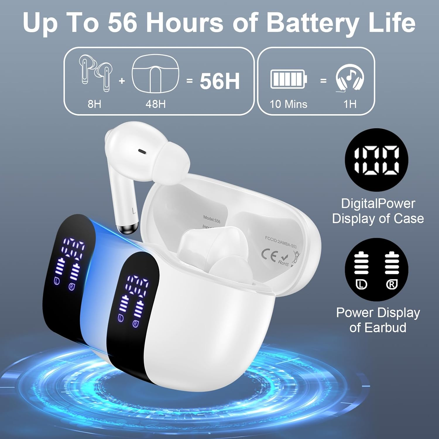 Vifigen S56 Wireless Bluetooth 5.3 in Ear Headphones, 60H Playtime, LED Display, Noise Cancelling, IPX7 Waterproof, Auto Pairing, White