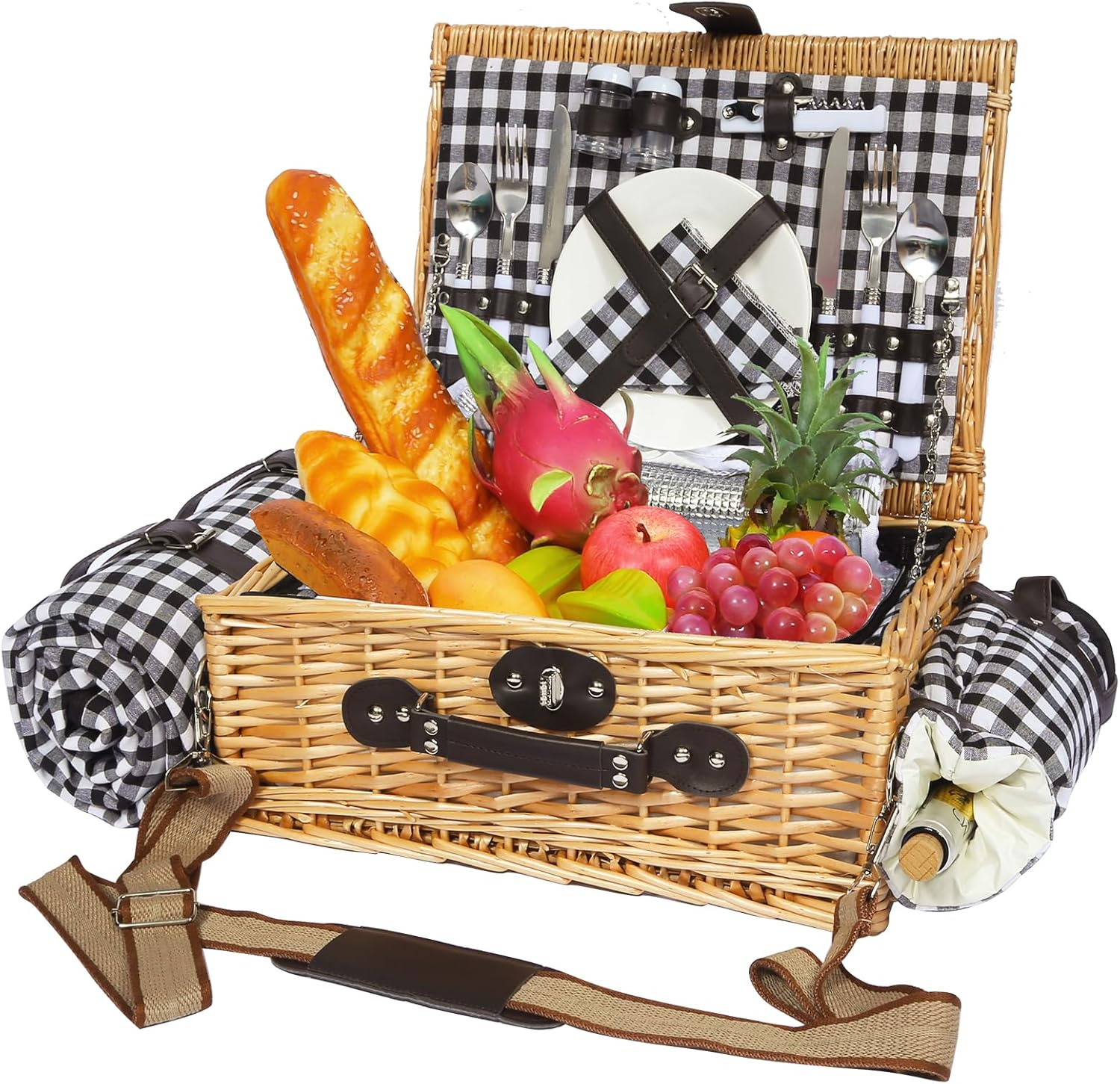 Picnic Basket for 2 with Waterproof Blanket and Wine Pouch, Insulated Wicker Picnic Basket Set, Large Willow Hamper for Outdoor, Beach, Camping, Couples, Wedding Gift, Pink