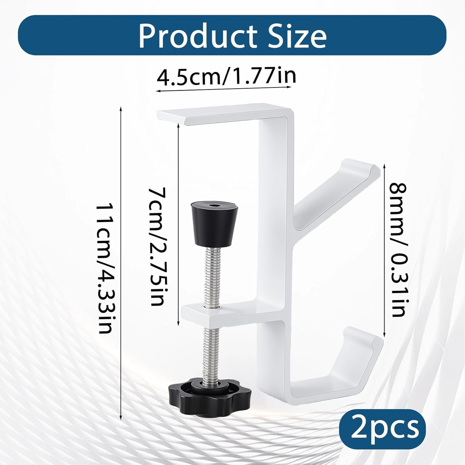 Desk Mount Bag Holder Hook Clamp, 2Pcs Clamp-On under Desk Backpack Hanger, Desk Mount Bag Holder Hook Clamp on Backpack Hanger with Adjustable Arm Clamp, Reduce Desktop Clutter,Double Hanger, White