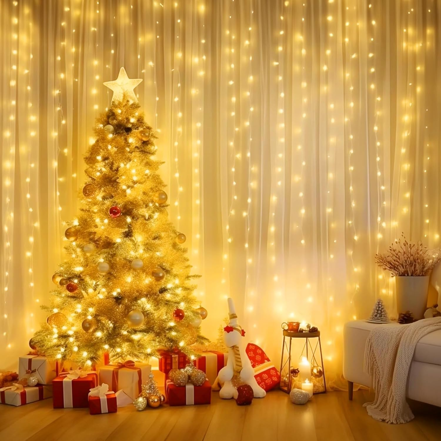 300 LED Fairy Curtain Lights, 3M X 3M Curtain String Lights, 8 Lighting Modes USB Plug in Hanging Lights Christmas Decoration, Bedroom Indoor Weddings Party (Warm White, 1 Pack) image number 1