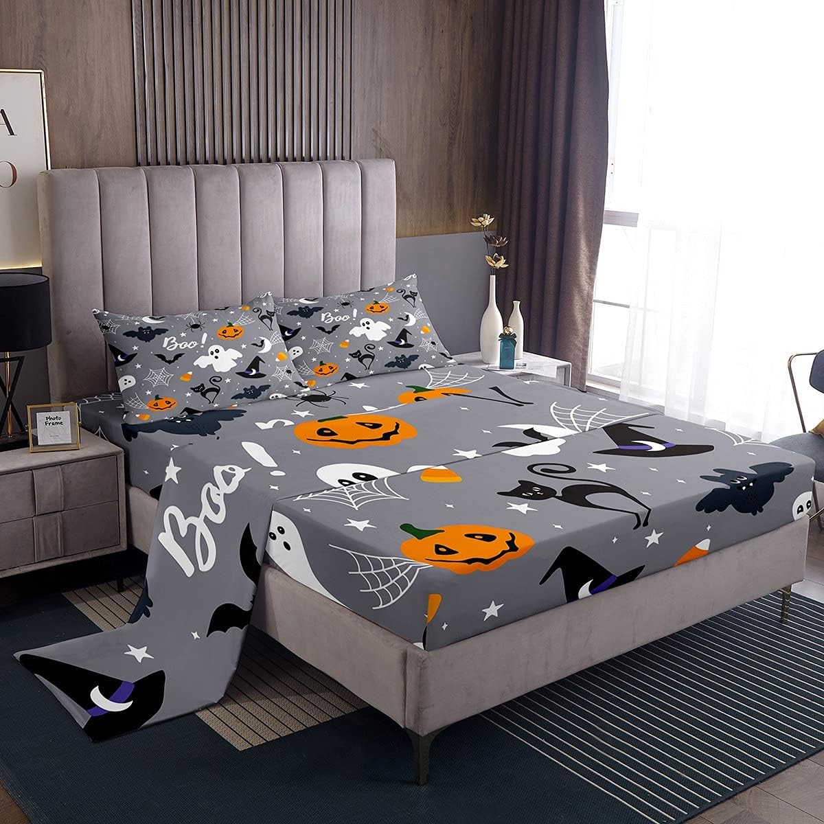 Gothic Spooky Bed Sheet Set Pumpkin Lantern Bedding Set for Kids Boys Teens, Ghost Spider Web Fitted Sheet Black Bat Cat Cobwebs Halloween Decor King Size Grey