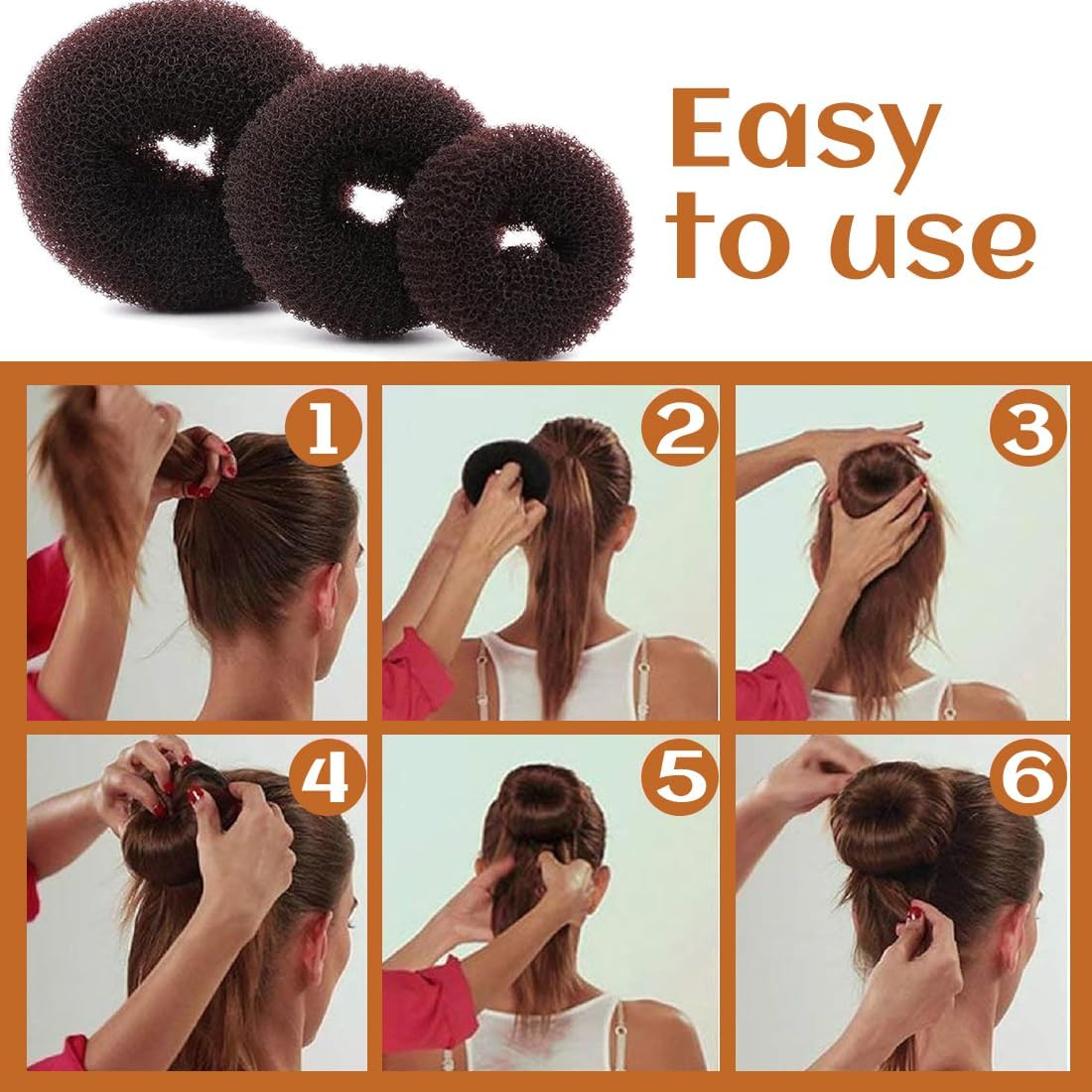 49-Piece Doughnut Hair Bun Maker Set, 4 Pieces Bun Cushions, 20 Invisible Hair Net with 5 Elastic Hair Bands and 20 U-Shaped Hairpins, Bun Pillow Hairstyle Aid Set, Doughnut Hair Bun Maker Set image number 2