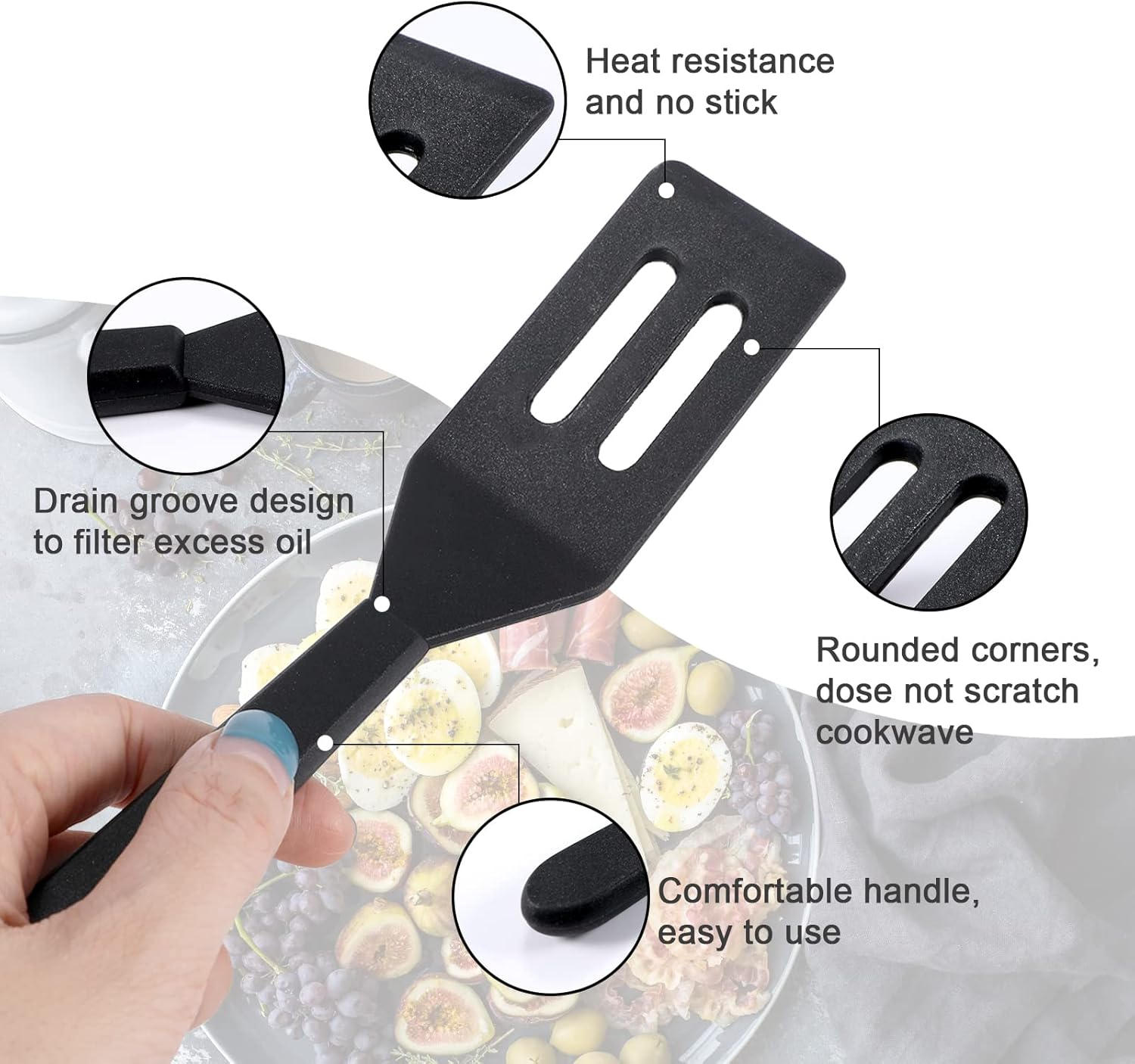 SAVITA Mini Brownie Serving Spatula Flexible Silicone Turner Heat-Resistant Flipper Nonstick Slotted Spatula for Fish, Eggs, Pancakes, Wok(Black)