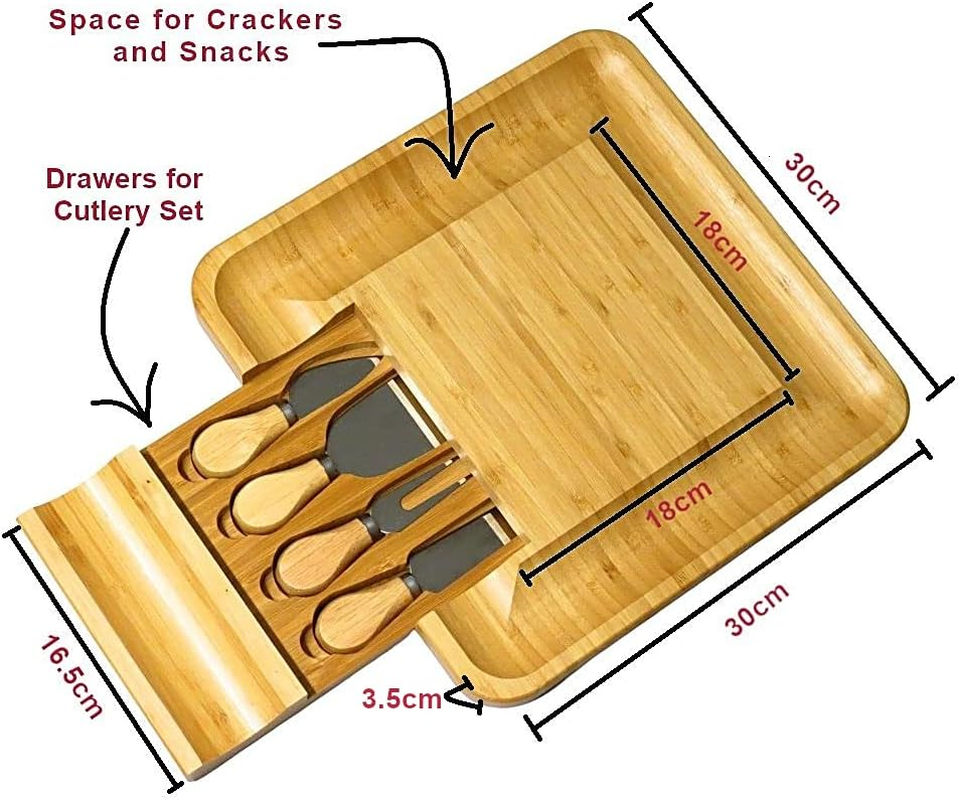 Cheese Board Set with 4Pcs Knives and Fork, Serving Tray with Hidden Slide-Out Drawer for Cutlery and Space for Crackers and Snacks, Bamboo Charcuterie Cutting Plate with Tools - House Warming Gift image number 3