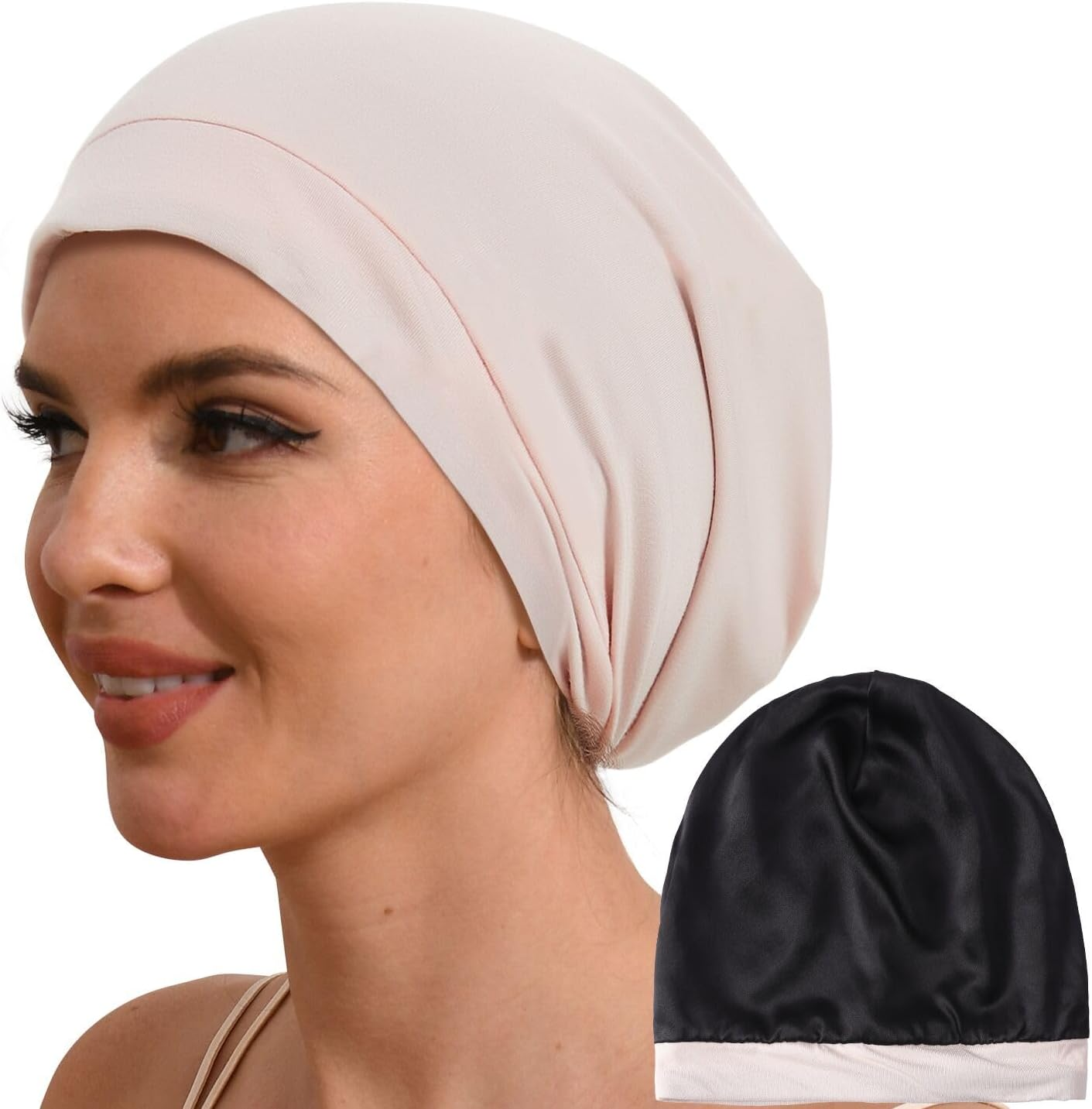 Hat Hut 100% Mulberry Silk Lined Sleep Cap Pure Silk Bonnet for Curly Hair Wrap Bonnet for Sleeping Slouchy Beanie for Men Women - Black image number 3