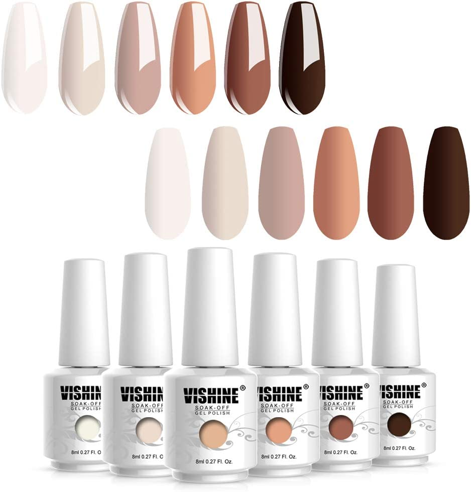 Vishine Semi Permanent Vernis &Agrave; Ongles Gel Nu Marron Nude Couleur Claire Soak off UV LED Nail Art Set Manucre 6 Flacon