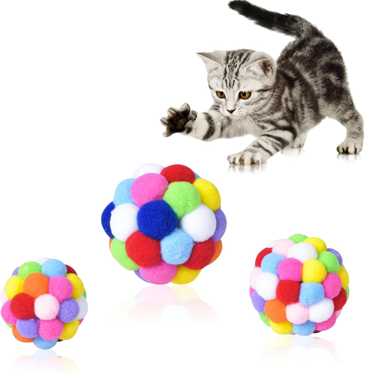 Ehuihuan Colourful Plush Balls Cat Toy, Interactive Cat Toy Ball with Bell, Set of 3 Colourful Cat Balls for Kittens, Cat Toys for Cats and Kittens, Game and Fun, L, M, S image number 6