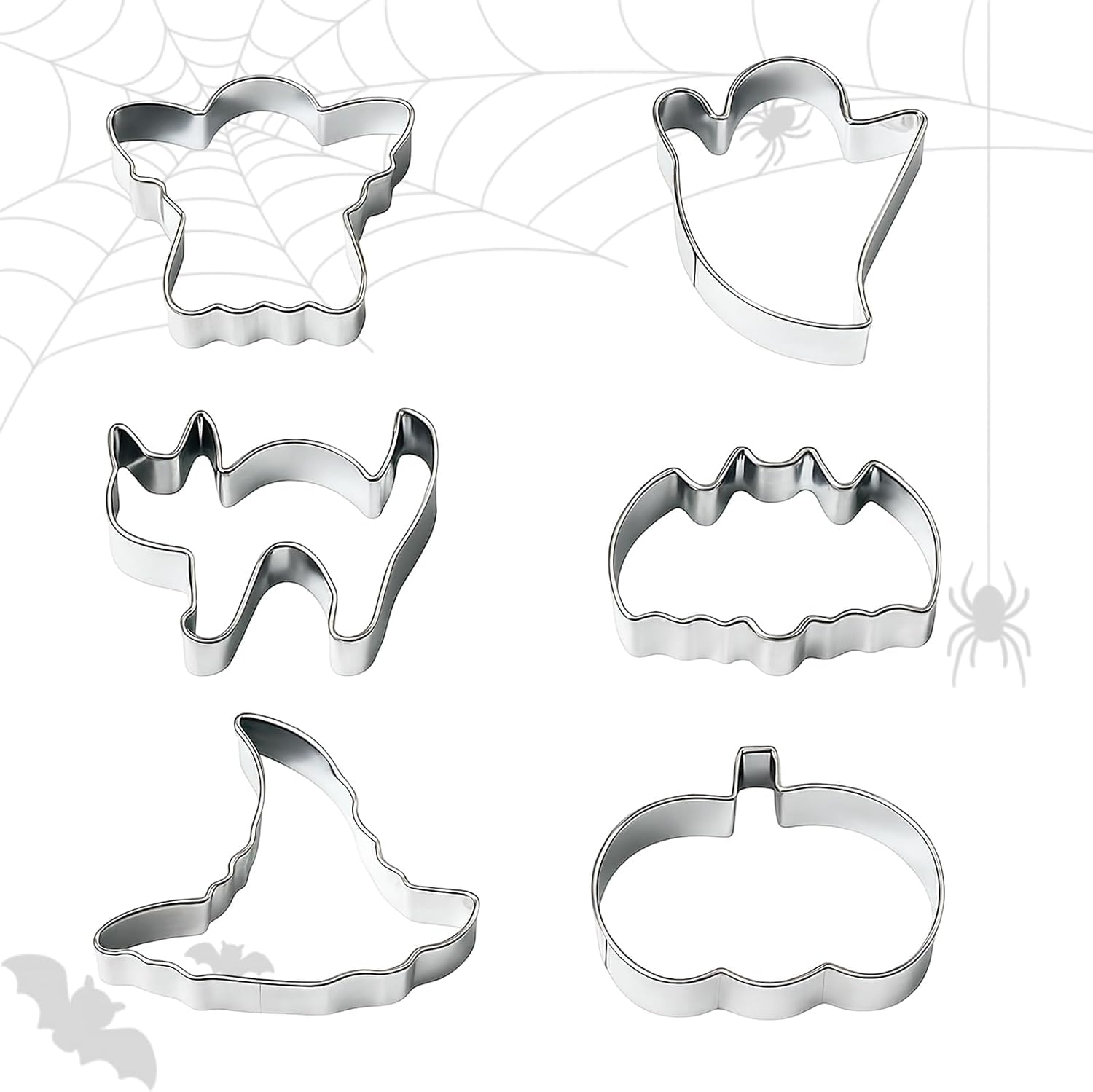 Halloween Cookie Cutters Set Large, 6 Pack Premium Stainless Steel Metal Cookie Cutters, Witch'S Hat, Pumpkin, Ghost, Bat, Tombstone and Cat Halloween Cookie Cutter (Silver) image number 4