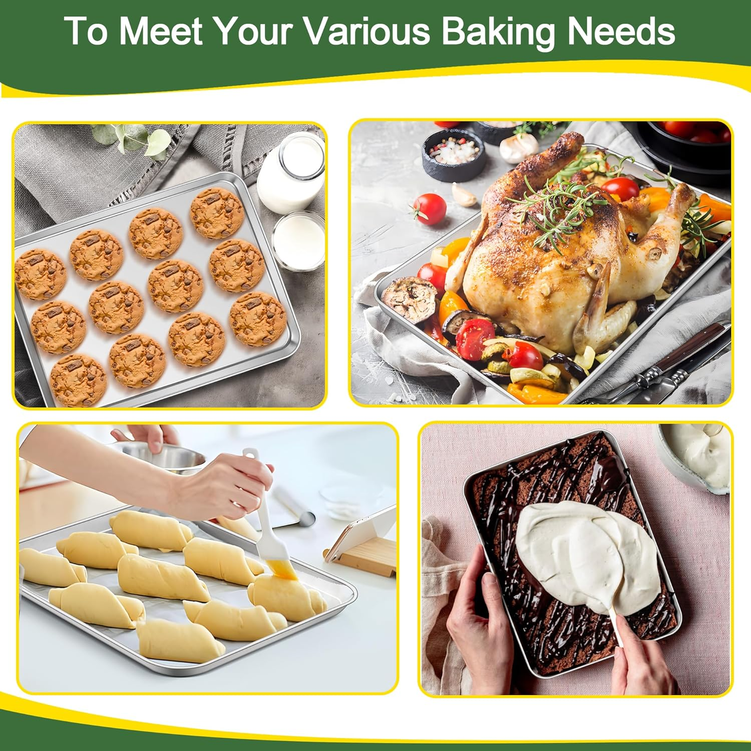 E-Far Baking Pans Set of 3, 16/12.5/9.3 Inch Stainless Steel Cookie Sheet Pan for Oven, Bakeware for Brownie Lasagna Casserole Cake, Non Toxic & Easy Clean image number 4