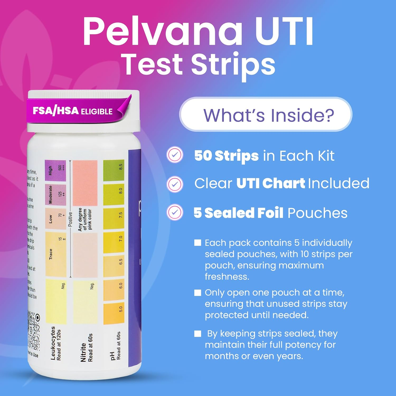 Pelvana Urinary Tract Infection Test Strips (UTI) Test Strips for Women 50-Strips