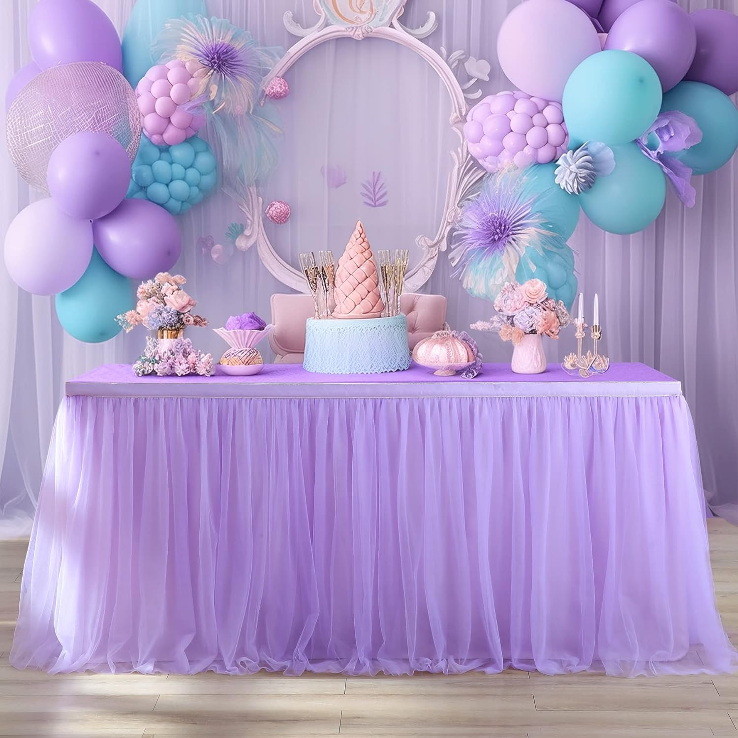 Suppromo 9Ft Pink Tulle Table Skirt for Rectangle Tables or round Tables Tutu Table Cloths for Princess Baby Shower Girl Birthday Party Cake Dessert Decorations(L9(Ft)*H 30In, Pink) image number 4