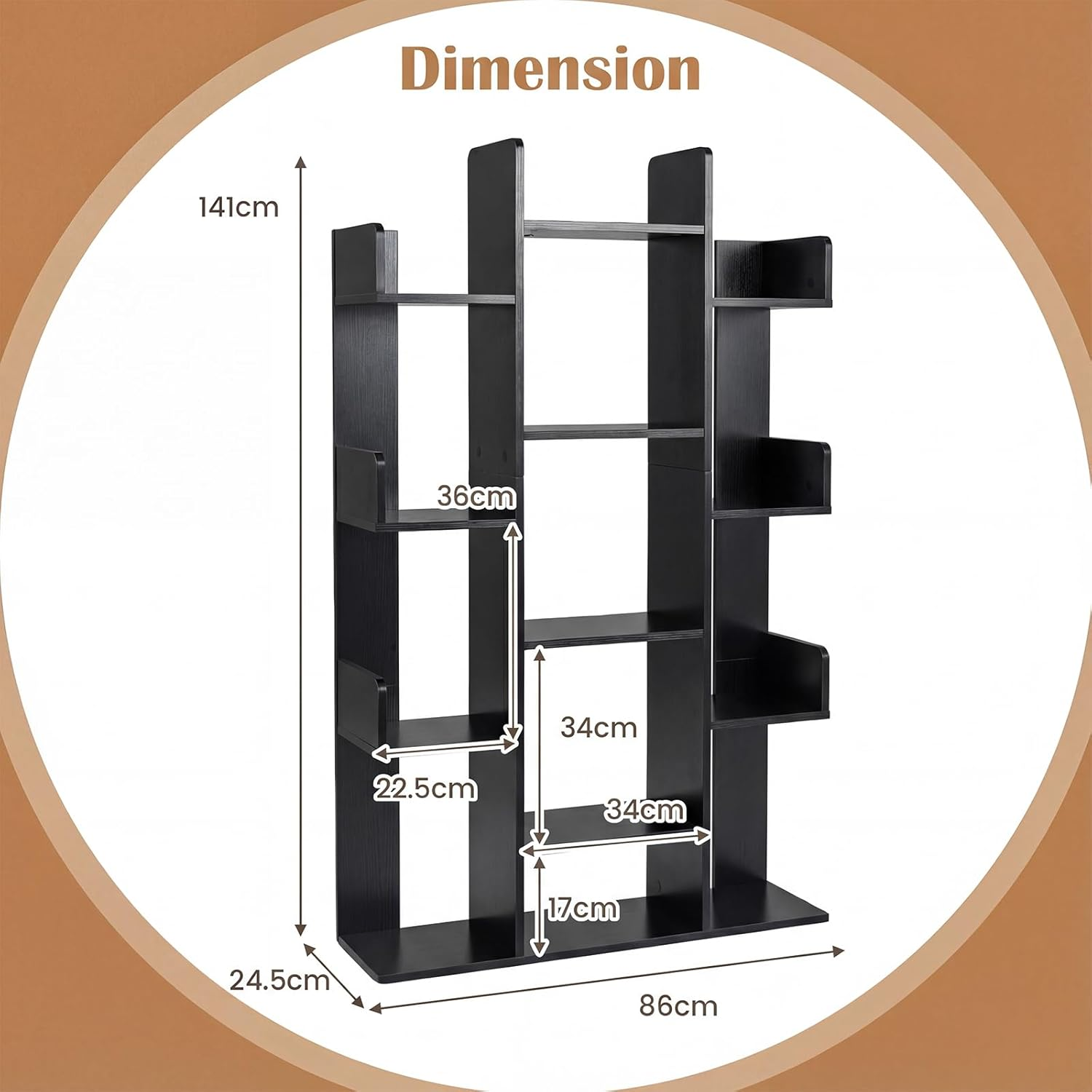 Giantex Tree Bookshelf, 141 Cm Tall Bookcase with 13 Open Shelves, Corner Books Storage Organizer, Freestanding Decorative Display Cube Shelf for Living Room, Study or Office - Black image number 3