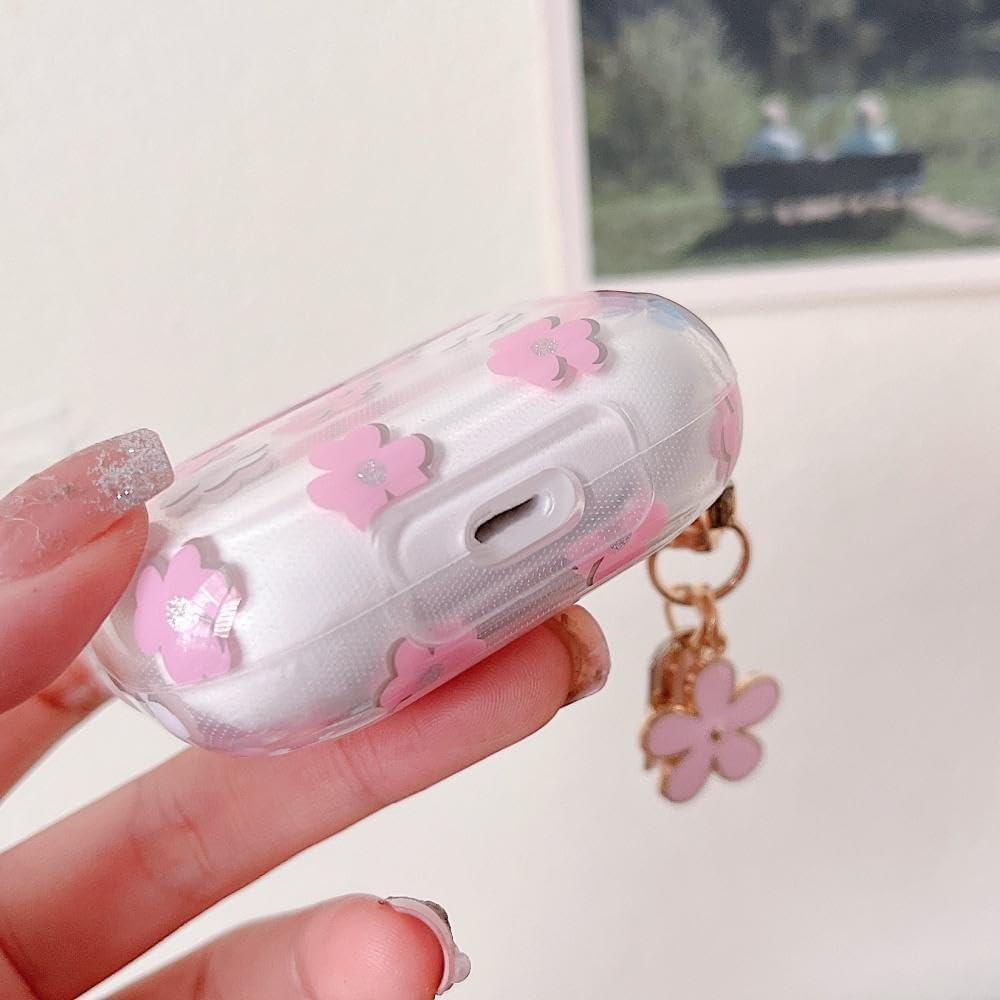 Compatible with Airpods 4 Clear Case,Cute Cartoon Flower Pattern Design with Floral Keychain, Soft TPU Protective Shockproof Case for Airpod 4 for Girls Women-Pink