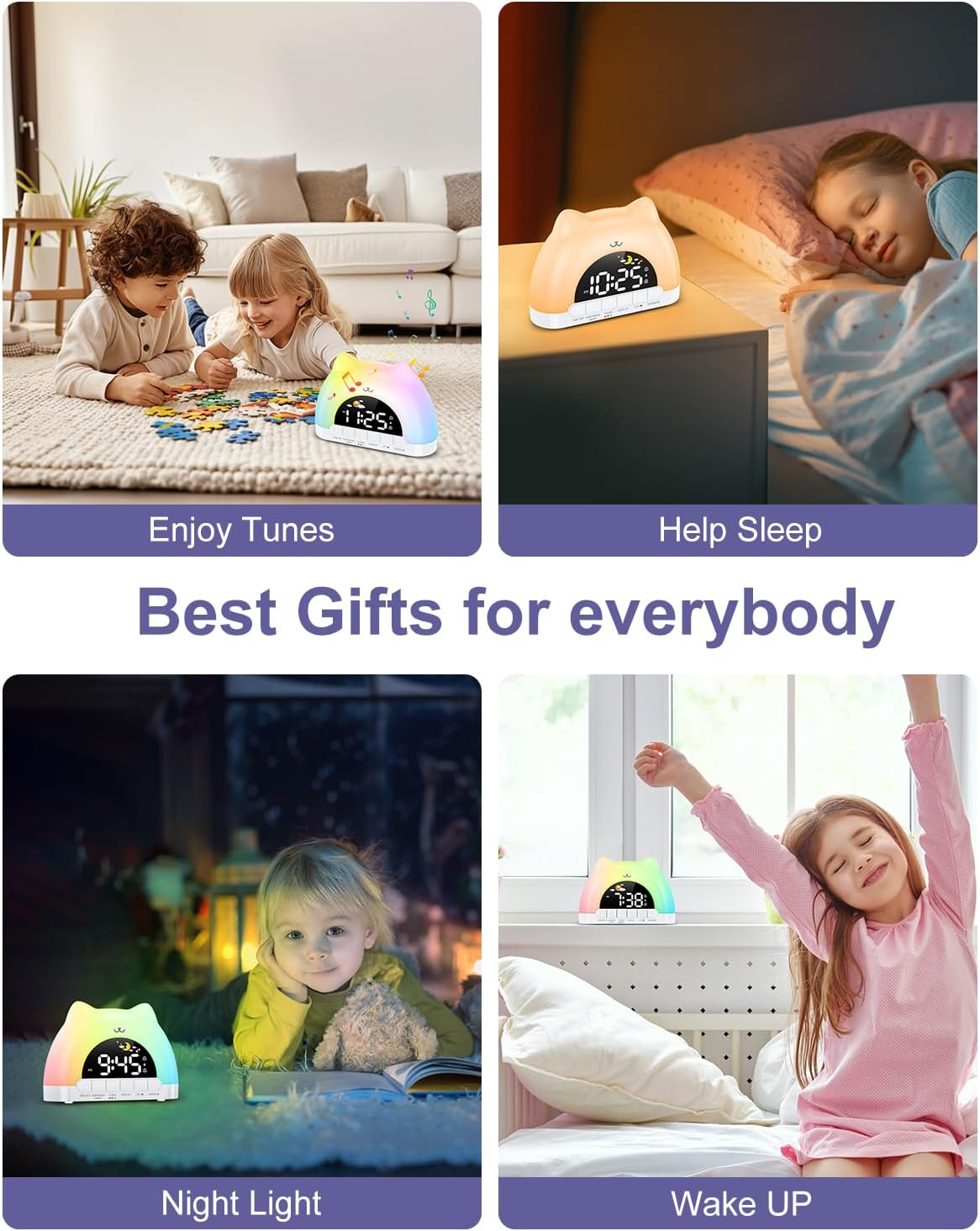 OQIMAX Kids Alarm Clock Cat Alarm Clock Bedside with 11 RGB Color Night Light Toddler Sleep Training Digital Clocks with 10 Alarm Sounds 5 Brightness Adjustment Plug-In OK to Wake Clock for Boys Girls image number 4