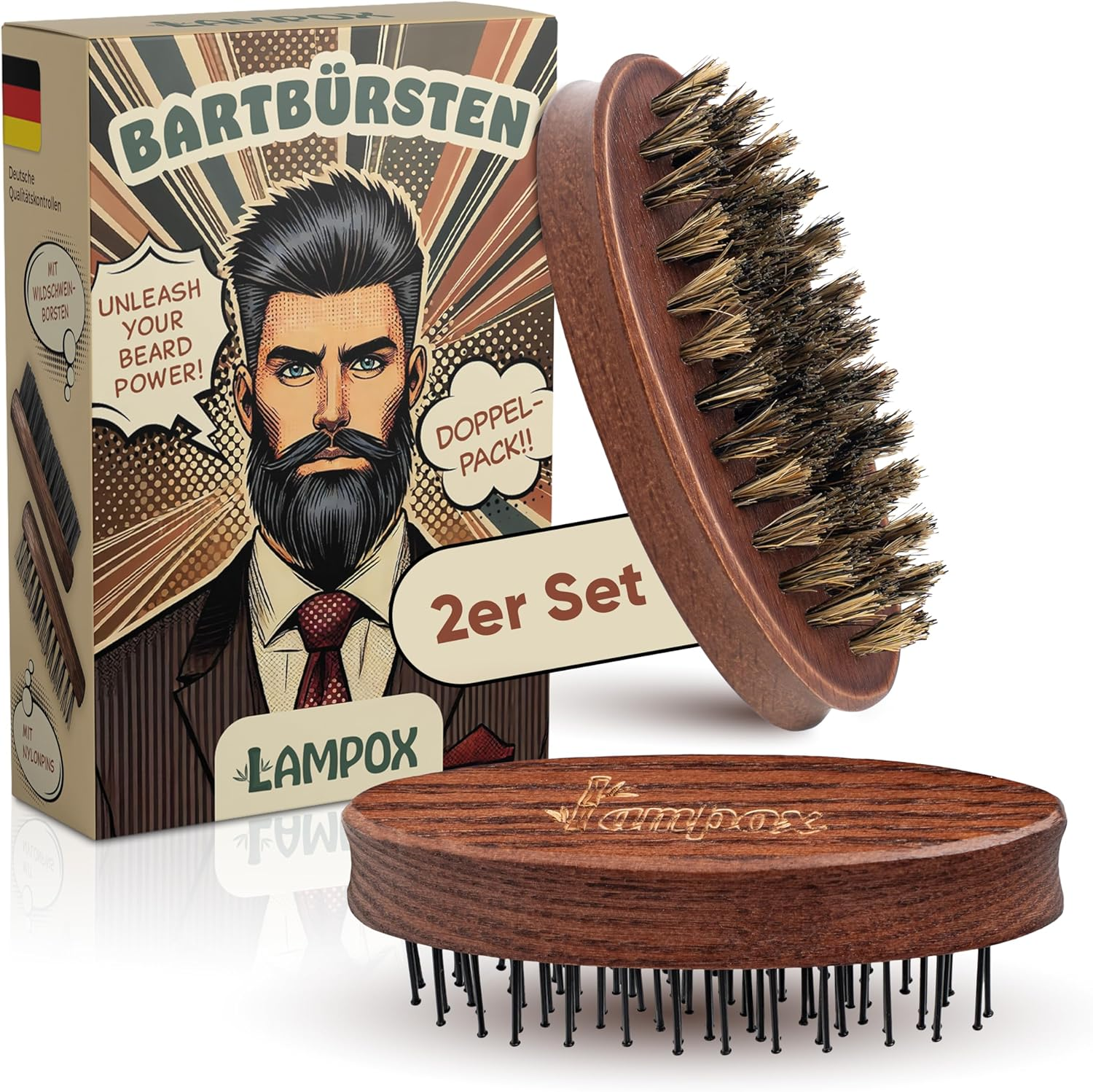 Lampox&reg; Men'S Beard Brush | Beard Styling I Beard Brush | for Short Medium Length Long Hair - for Daily Beard Care of 3-Day Beard or Full Beard (Set of 2) image number 5