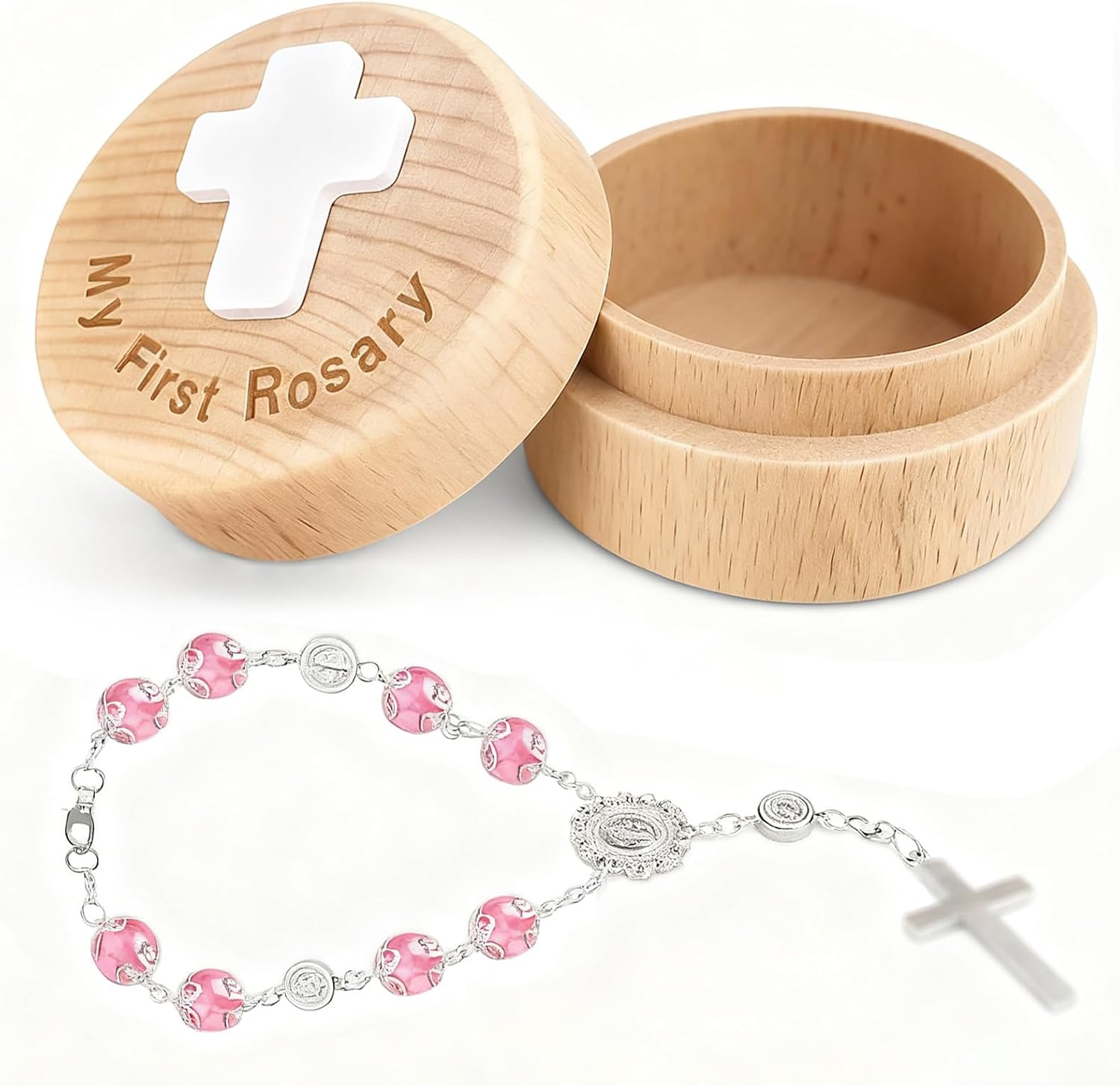 Surnavik Baby'S First Rosary Set - Deluxe Keepsake Memory Box with Pearlized Rosary Bracelet | Catholic Baptism Christening Newborns & Infants (Blue)