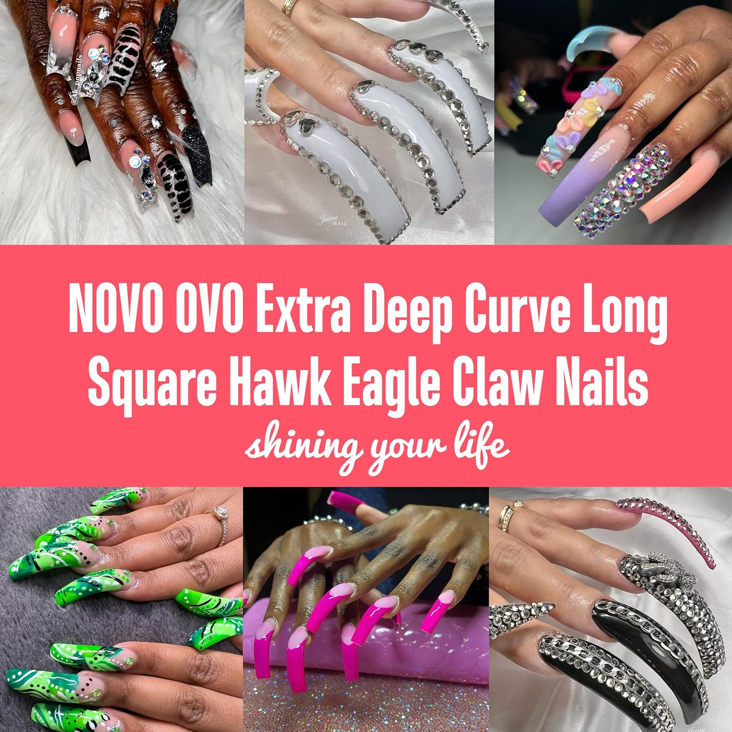 NOVO OVO Halloween 100 Pcs Hawk Curved Natural Color Extra Super Extreme Deep Curve Half Cover Long Square Eagle Claw False Nail Extension Tips Acrylic Nail 10 Sizes Box Packaging Art Salon DIY - Square Eagle Claw Natural Long In Small Box image number 6