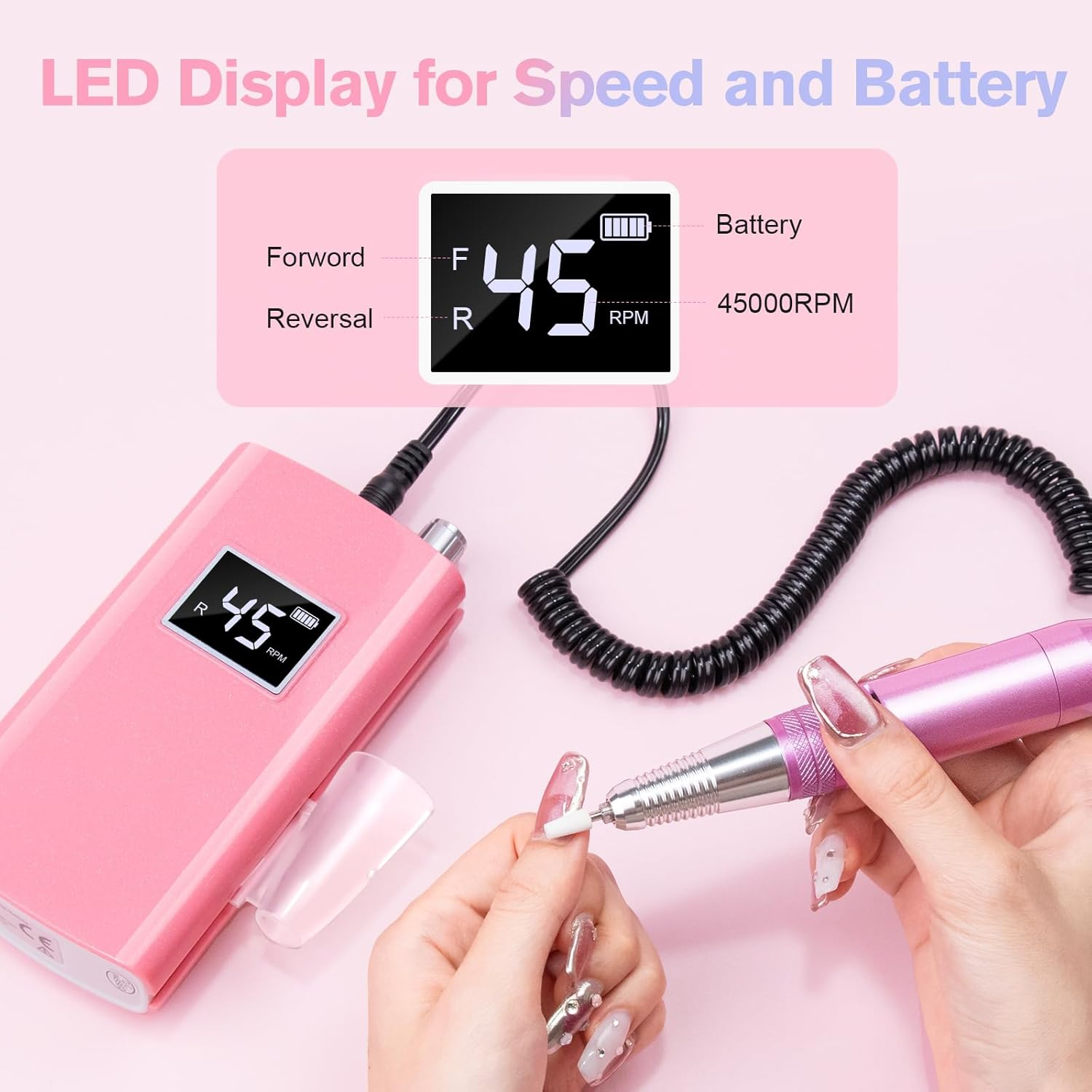 Beloving Portable Nail Drill Professional, 45000RPM Rechargeable Nail Drill Electric File Machine for Acrylic Gel Polish Remover, Cordless Nail Kit for Manicure Pedicure with 11 Bits for Salon Home image number 1
