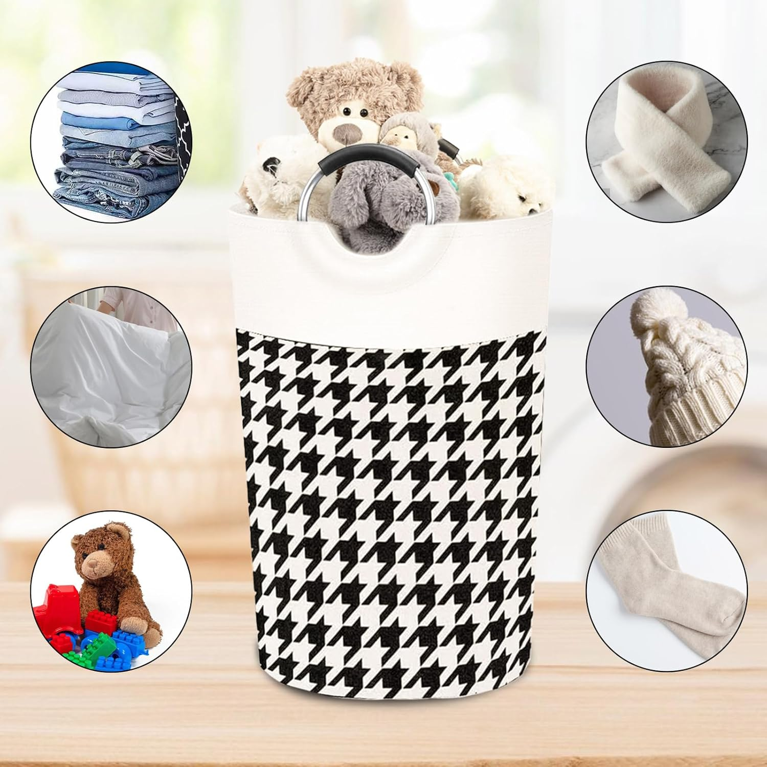 Large Laundry Basket, Collapsible Cotton Linen Hamper with Foam-Protected Aluminum Handles, for Clothes and Toys, Dorm and Home Use (Houndstooth Pattern) image number 6