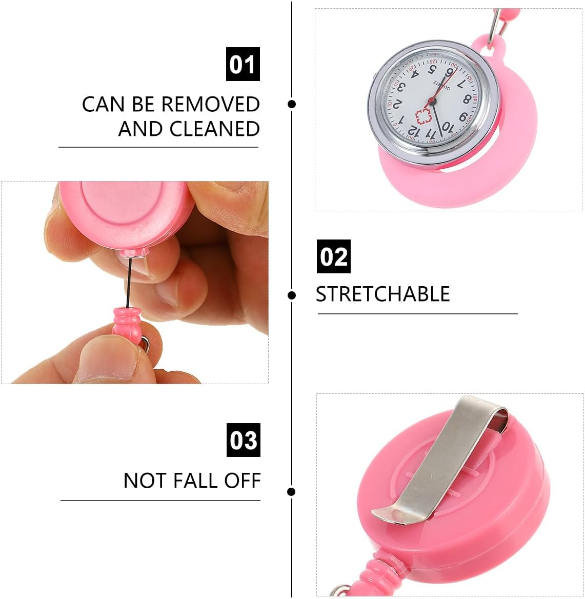 Gatuida Badge Watch Care Retractable on Fob Men Hand Clip- Clip-On Pink Second Silicone Ladies Hanging round Lapel Rope Watch for Pocket Clip Womens image number 3