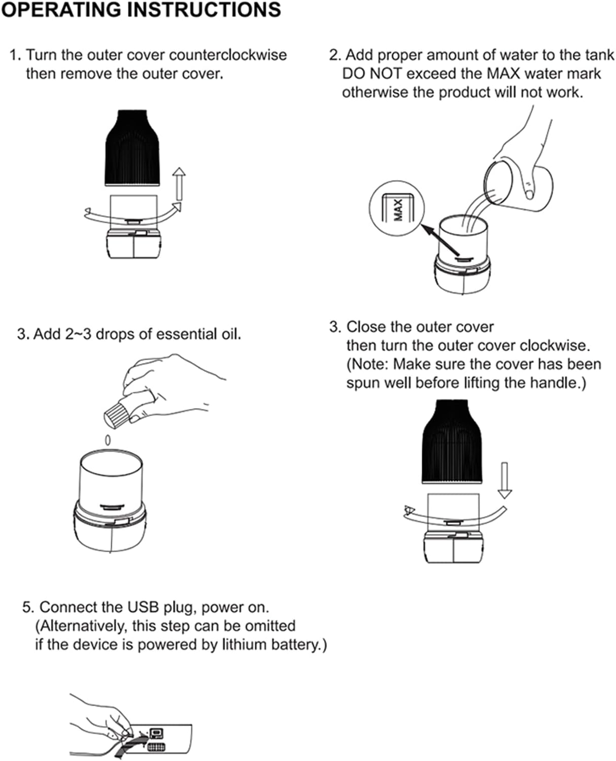 SOICARE Cordless Rechargeable Diffuser, Battery Operated Mini Portable Wireless Diffuser for Essential Oils, 80ML Small USB Essential Oil Diffuser with Warm Light (White) image number 4