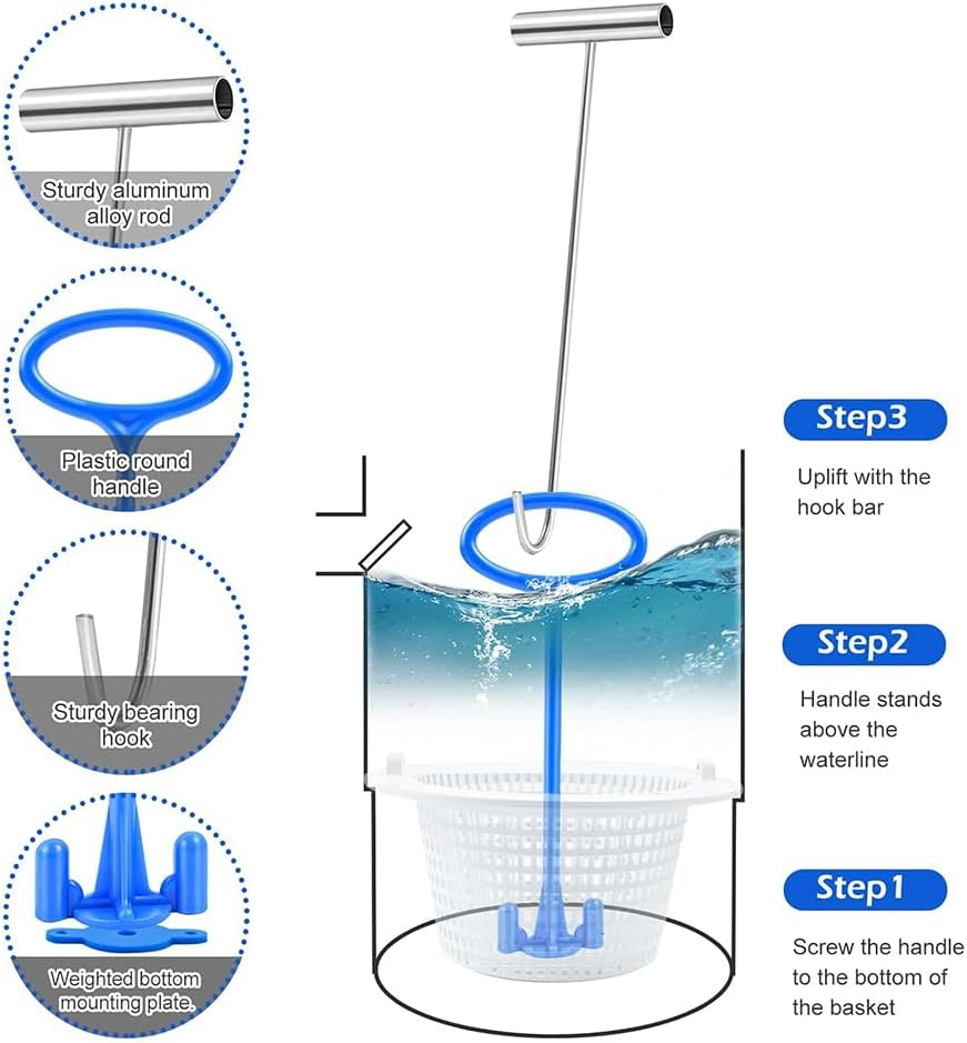 2 Silver Stainless Steel Hook & 2 Blue Skimmer Basket Handle for Inground Pool, Inground Swimming Basket Handle Cleaning Tool for Debris Removal,Keep Hands Clean and Safe Supplies image number 6