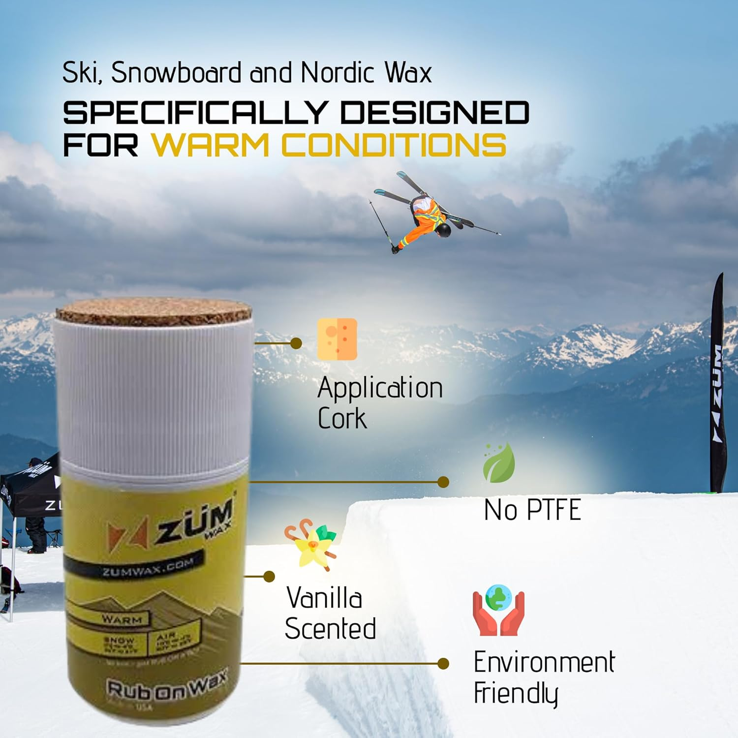 Zumwax Rub-On Ski/Snowboard/Nordic/Cross-Country Wax 70G, WARM Temperature, Easy Cork Applicator, Long-Lasting Performance, Secret Vanilla Scent, Made in USA, Pfas-Free, Excellent Spring Wax image number 2