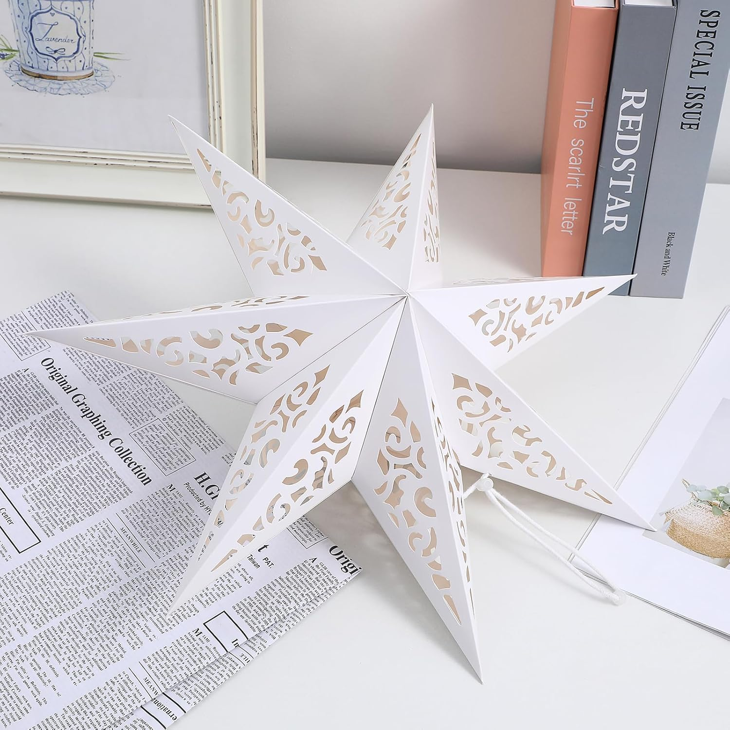 Zerodeko Star Shaped Paper Lampshade, 17. 71 Inch White Hollow Out Decorative Cover Paper Star Lantern for Bedroom, Party, Festival, and Holiday Decor image number 3