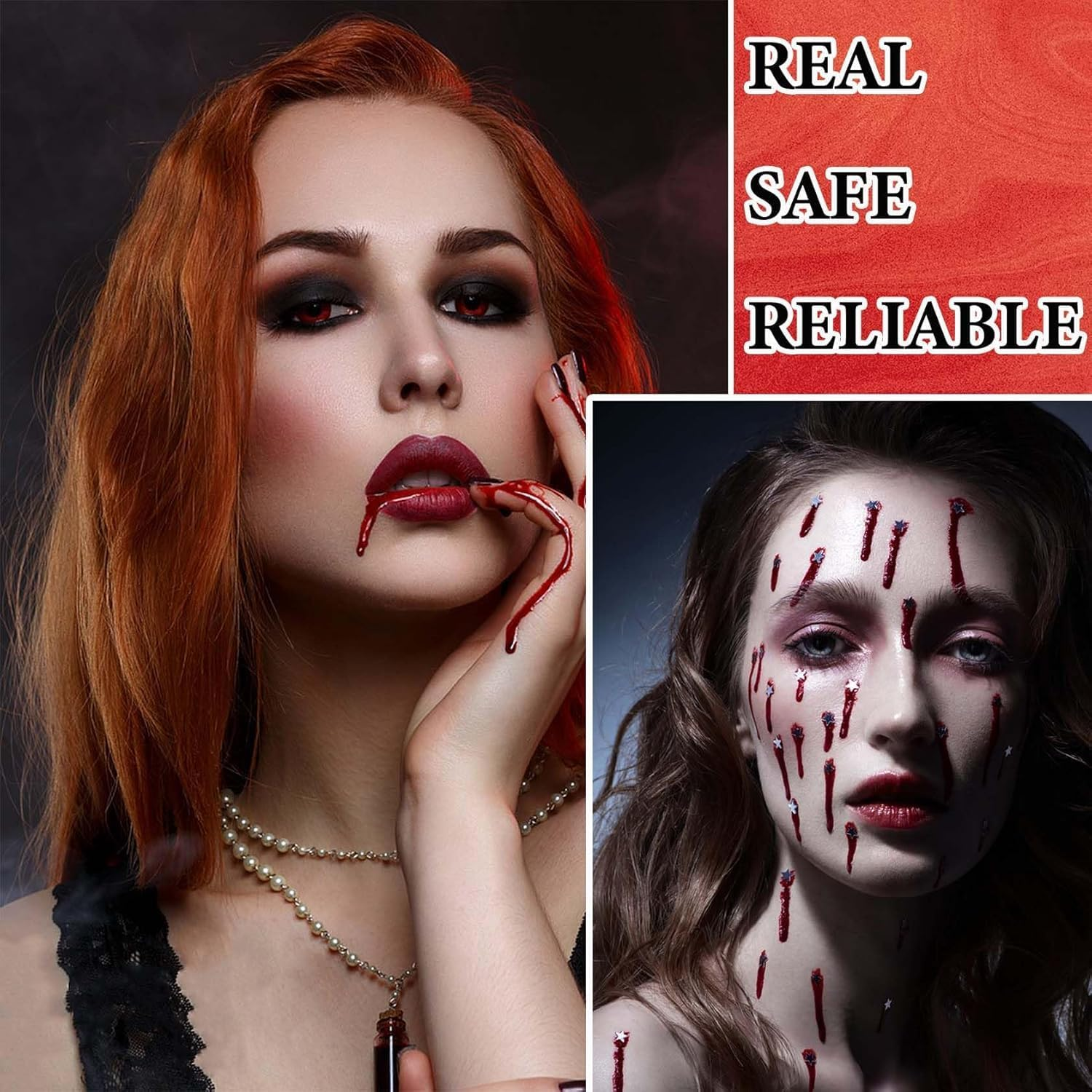 Fake Blood Spray, (60ML) Halloween Fake Blood with 15Mm Vampire Teeth, Vampire Blood Zombie Makeup Halloween SFX Makeup for Blood Splatter Costume,Zombie,Vampire and Monster Dress up Cosplay image number 6