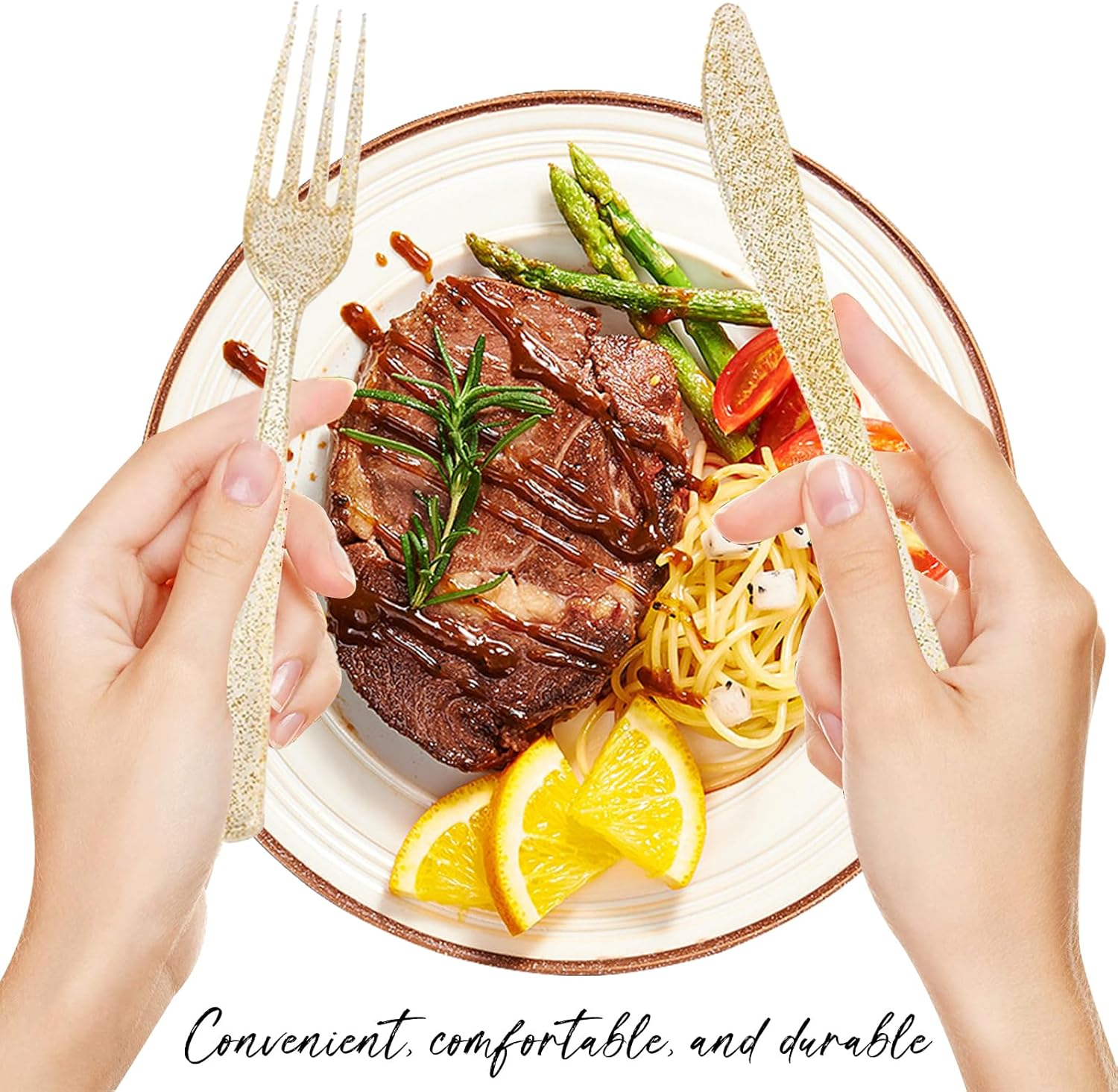 10 Pack Plastic Cutlery Set, Elegant Plastic Silverware Set, Reusable Flatware Set, Tableware Party Cutlery, Camping Cutlery Combo with Spoon Knife Fork Sets Wrapped in White Napkin (Gold) image number 5