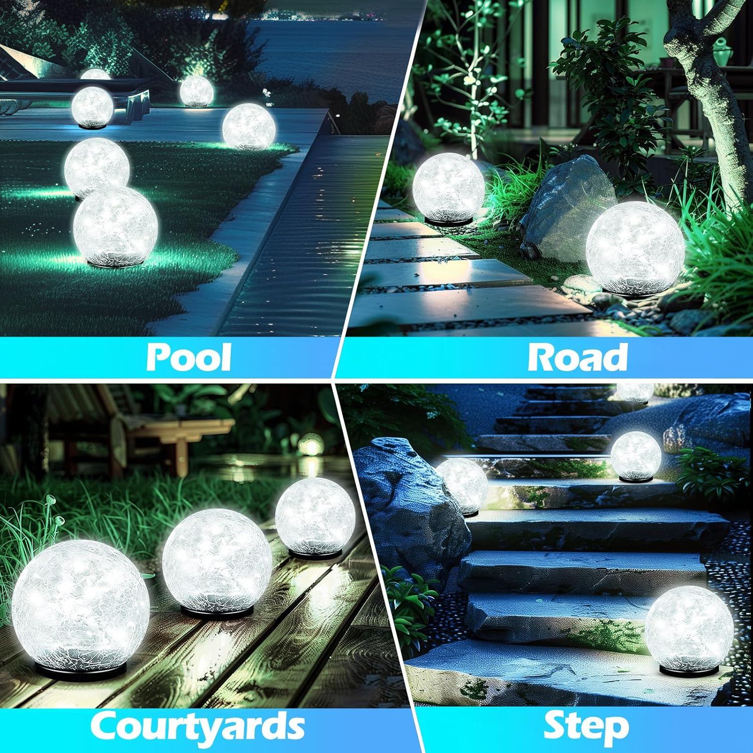 Garden Solar Ball Lights Outdoor Waterproof, 50 LED Cracked Glass Globe Power Ground for Path Yard Patio Lawn, Outdoor Decoration Landscape White (2 Pack 4.7'') image number 4