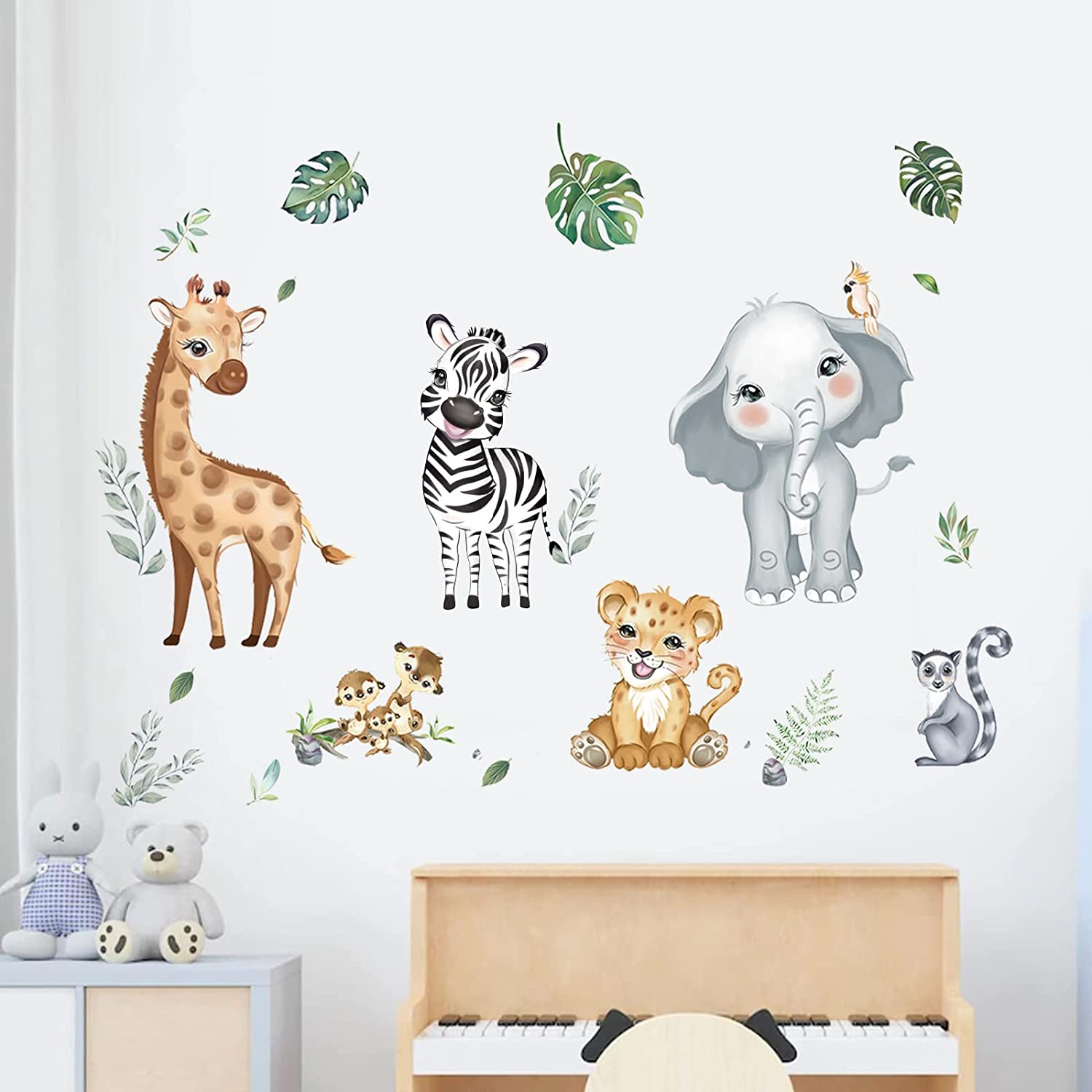 Decalmile Jungle Animals Wall Decals Elephant Giraffe Safari Wall Stickers Baby Nursery Kids Room Living Room Wall Decor image number 3