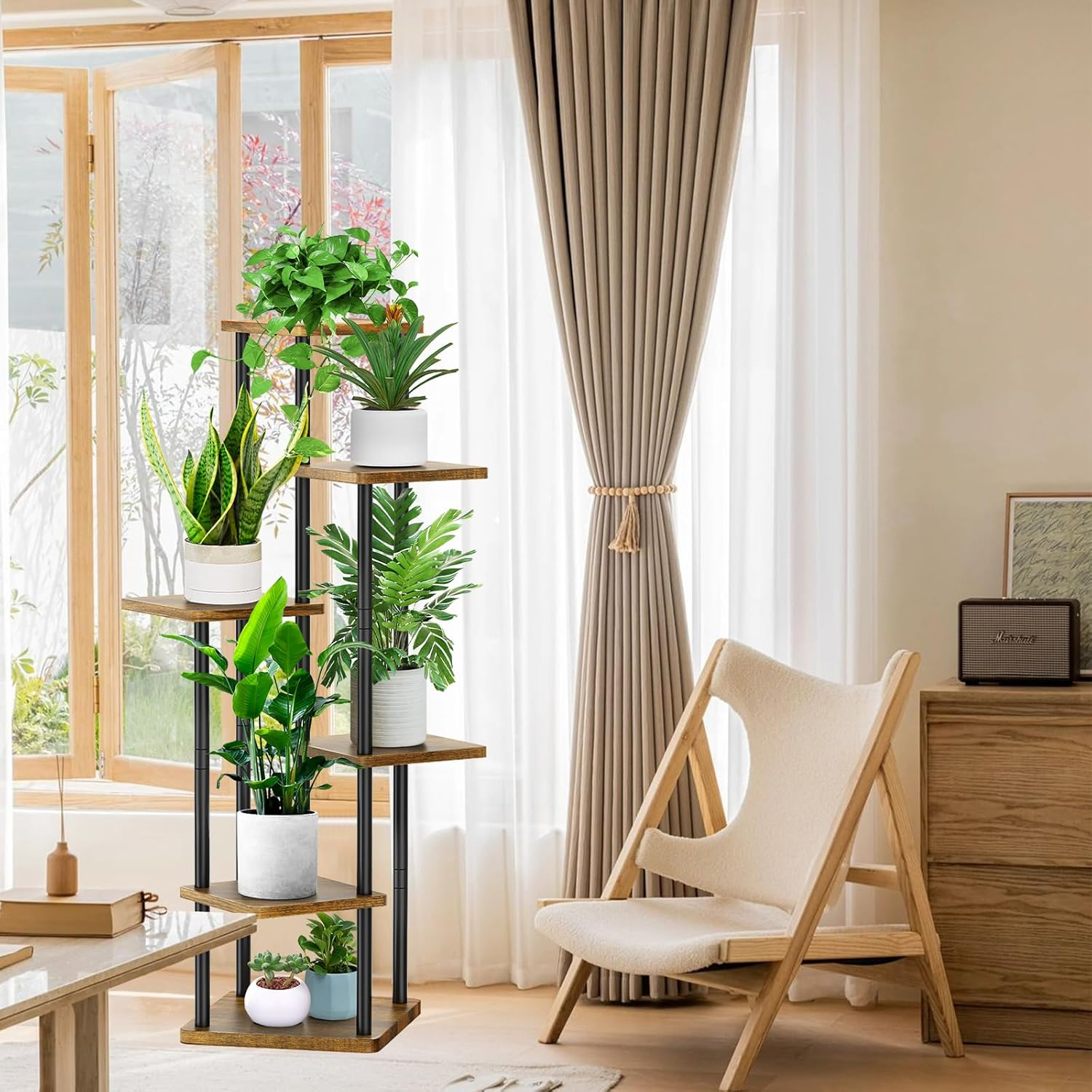 6 Tier Wood Tall Plant Stand Metal Rack Indoor, Multiple Flower Pot Holder Shelves Corner Rack, Planter Shelf Display Rack Storage Organizer for Patio Living Room Balcony Garden(Black) image number 3