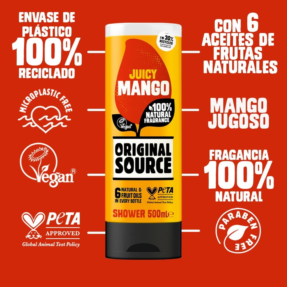 Original Source Mango Shower Gel, 100 Percent Natural Fragrance, Vegan, Cruelty Free, Paraben Free, Bulk Buy, Pack of 6 X 500 Ml image number 4