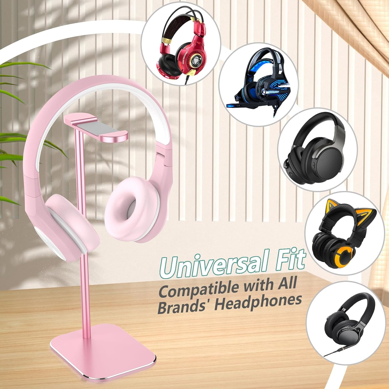 Headphone Stand, Overall Alunminun Headset Stand, Heavy-Duty Solid Base Universal Fit for Gaming Headsets, Wireless Headphones Rose Gold image number 1