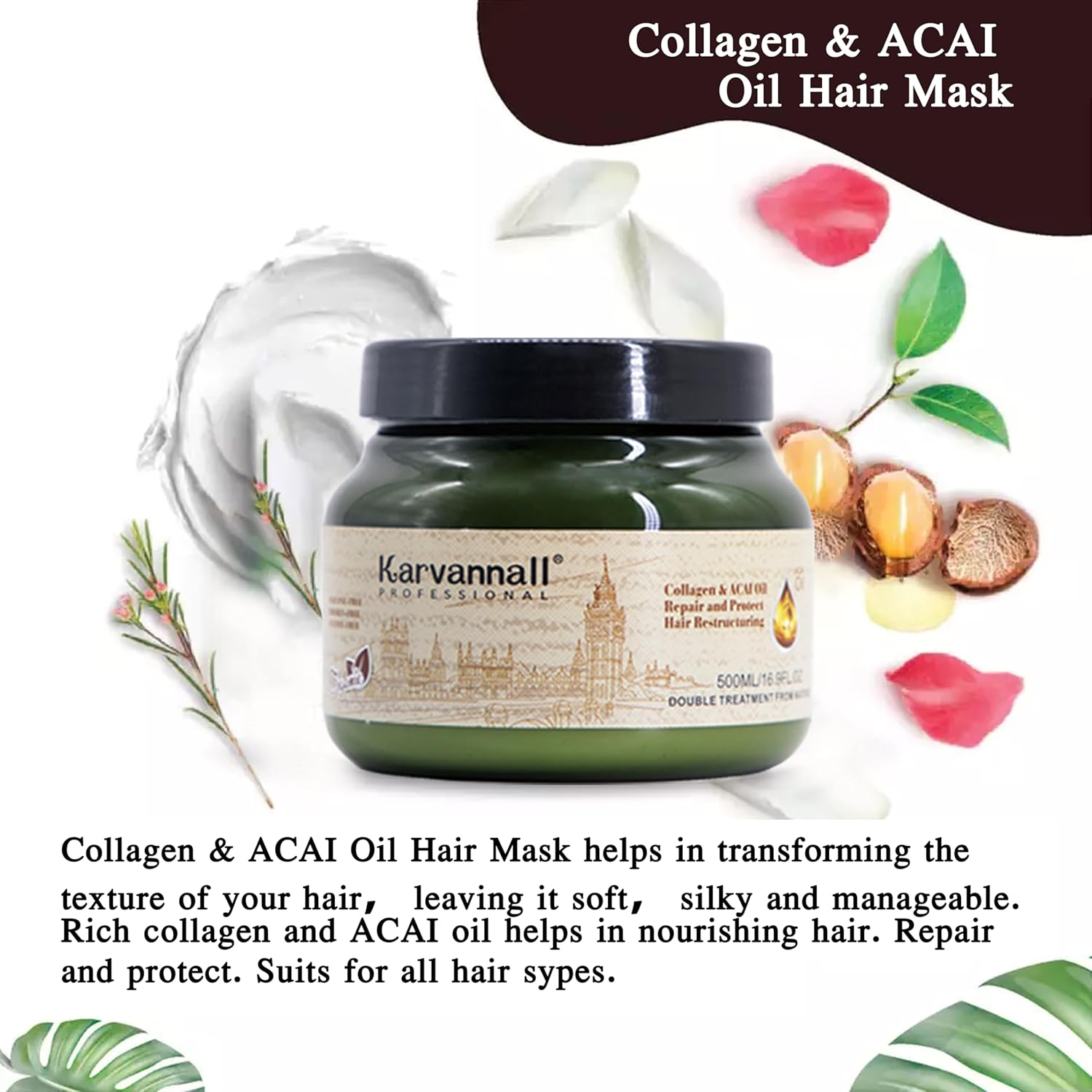 Karvannall Professional Collagen & Acai Oil Hair Mask, 500Ml Double Treatment, Hair Repair & Restructuring Cream