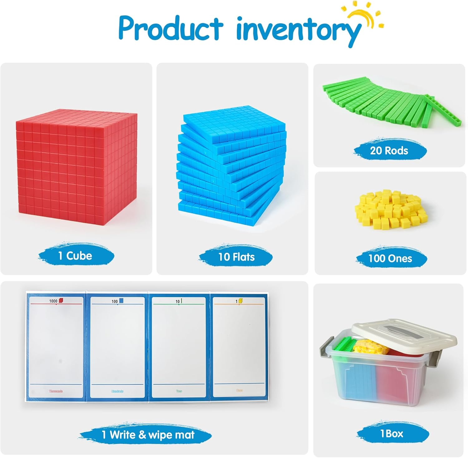 Math Manipulatives for Kids Aged 3+.Base Ten Blocks with Place Value Chart - Plastic Math Cubes to Help Educate Kindergarten Teachers.133 PCS image number 5
