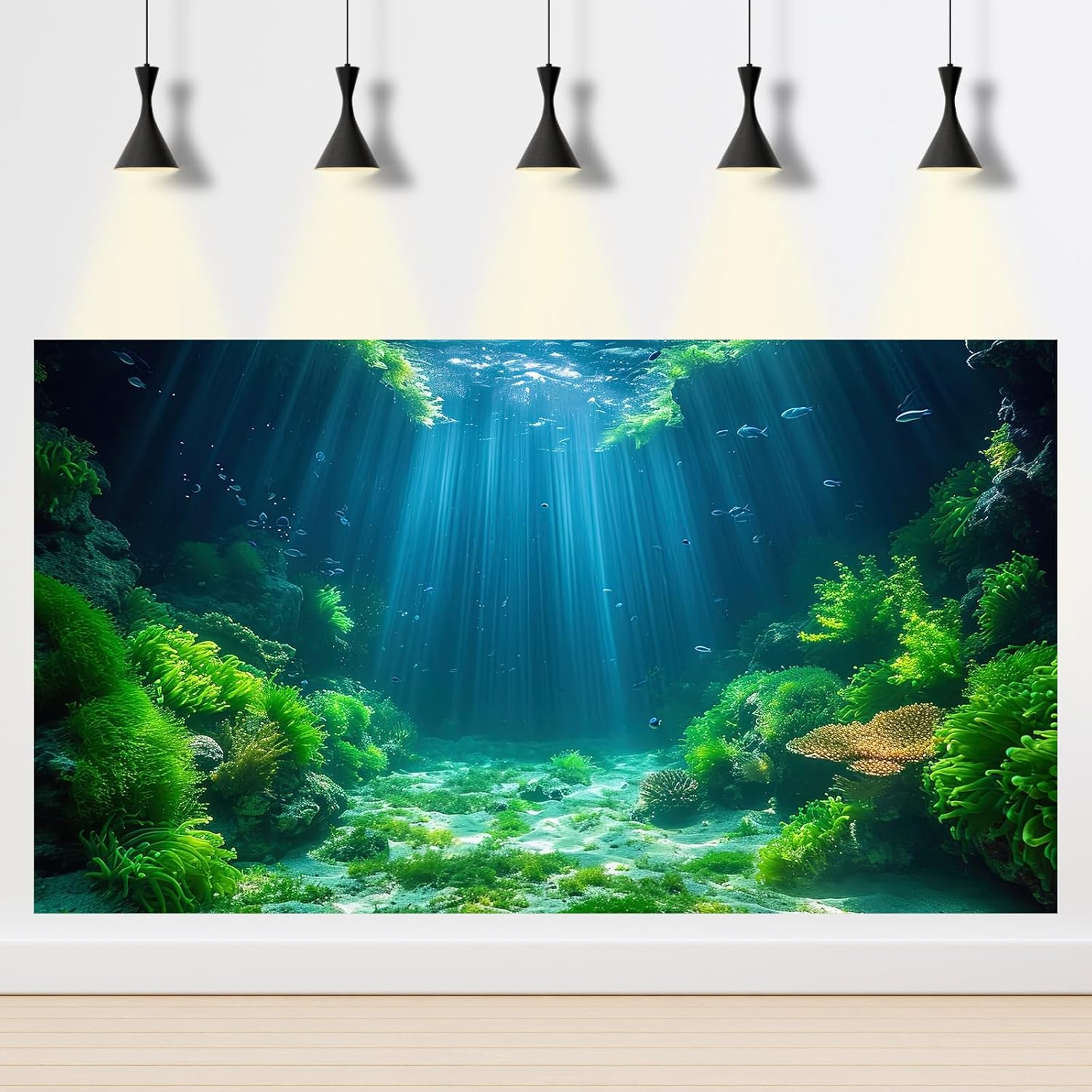 Riivvdise Aquarium Background Aquatic Plants Soft Algae Terrarium Backdrop Underwater World Fish Rock with Moss Sunlight Rays Fish Tank Background Aquarium Wallpaper Poster Decor Vinyl 24X12In image number 1
