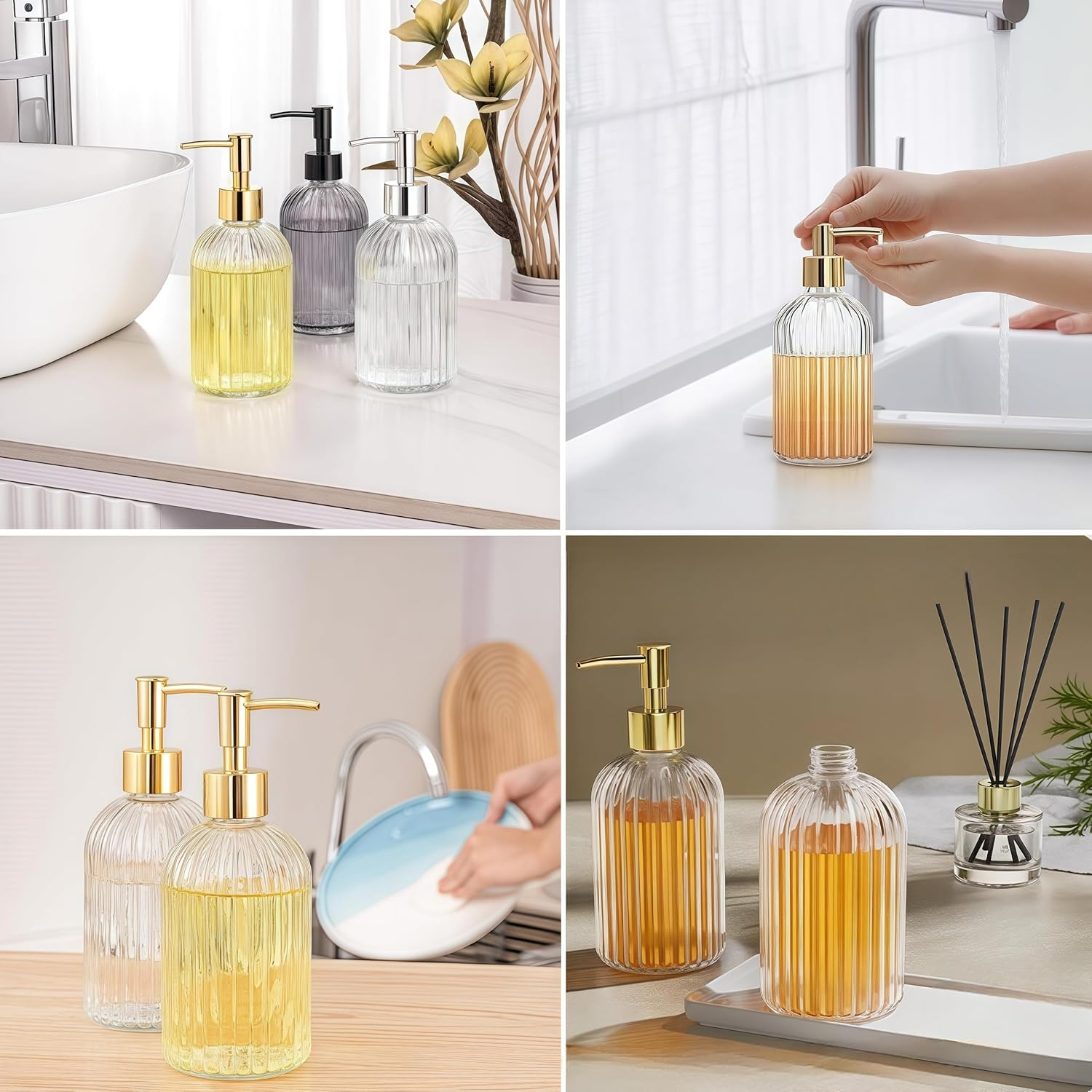 2 Pcs Glass Soap Dispenser,400 Ml Refillable Liquid Bottle Dispenser with Rust Proof Pump,For Hand Soap,Lotion image number 2
