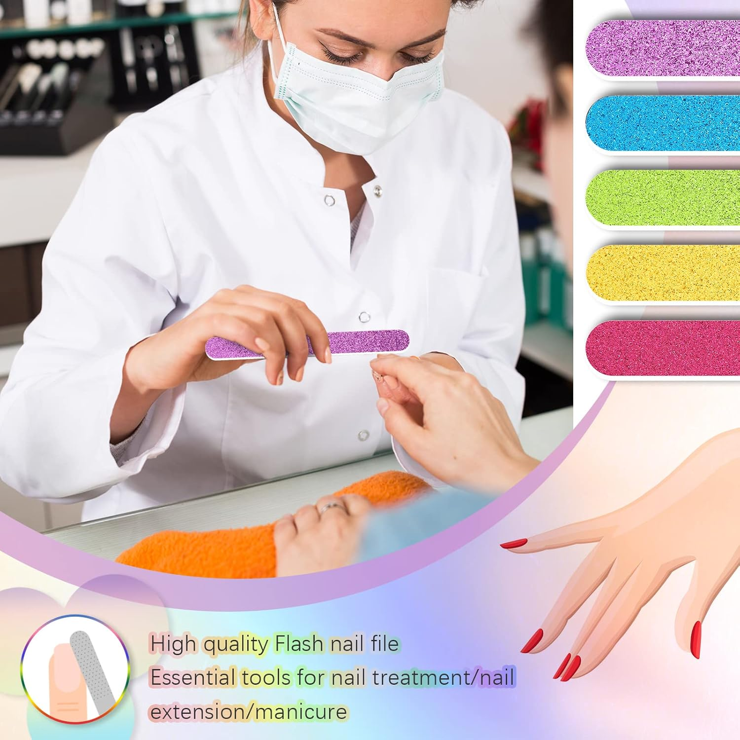 50 Pieces Glitter Nail File Colorful Strips Nail Bulk, Manicure and Pedicure Nail Buffers, Double Sided Filer for Women Shaping Smoothing Toenails and Fingernails image number 1