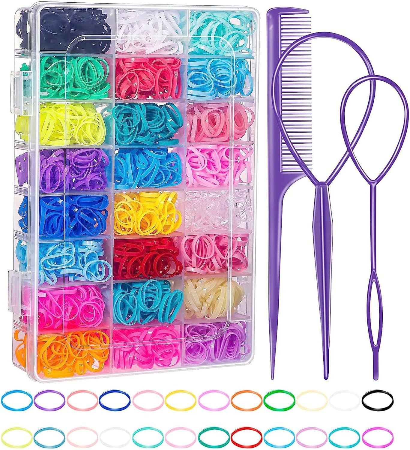UKKQES Elastic Hair Bands 24 Colors, 2000 Pieces Mini Hair Elastic Bands with Storage Box, Soft Little Girls Hair Bands, Colorful Baby Elastic Band Set with Styling Tool, Rat Tail Comb for Kids image number 5