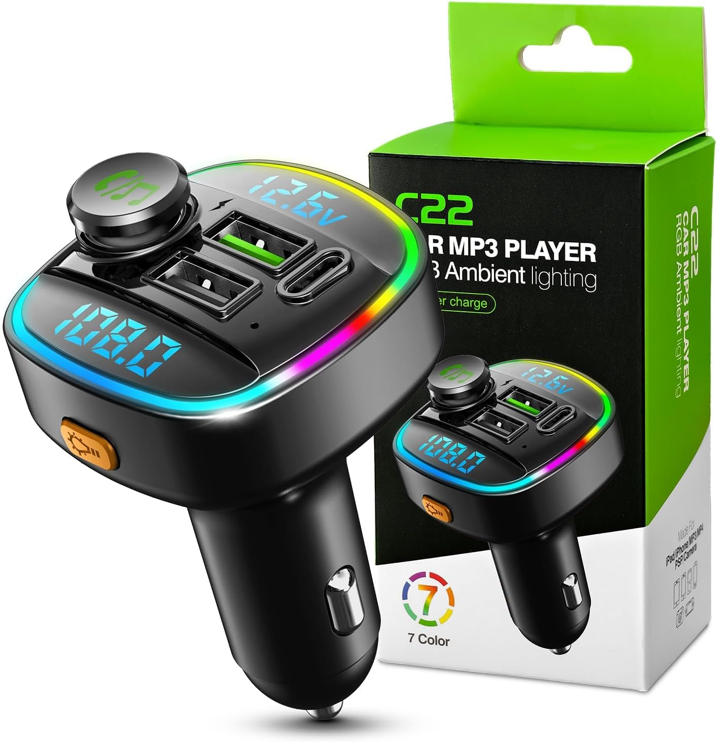 FM Transmitter,Bluetooth 5.4 FM Transmitter Car Adapter,48W （PD 36W & 12W） Fast Charger, 7+1Color LED Light, Hands-Free Calling, Bass Boost Hi-Fi Sound, Support U Disk/Tf Card & Voice Assistant(Usb