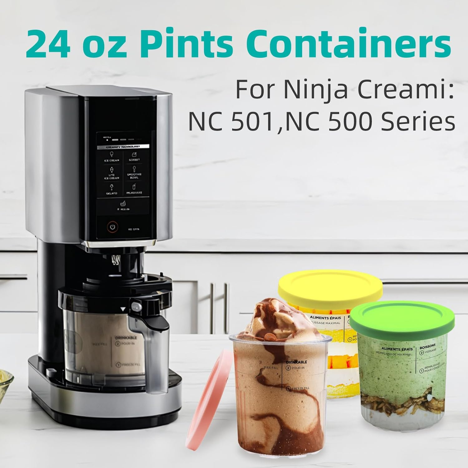Containers Replacement for Ninja Creami Pints and Lids - 4 Pack, 24Oz Cup Compatible with NC501, NC500 Series Ice Cream Maker, BPA Free Dishwasher Safe Leak Proof image number 2