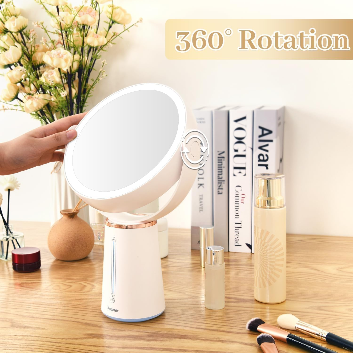 Auxmir Makeup Mirror with Lights, 8.3'' Double-Sided 10X/1X Magnifying Mirror, 2500Mah USB Rechargeable Mirrors with 52 LED Lights and 10 Brightness, 360&deg; Rotating Vanity Mirror for Bedroom, Bathroom image number 1