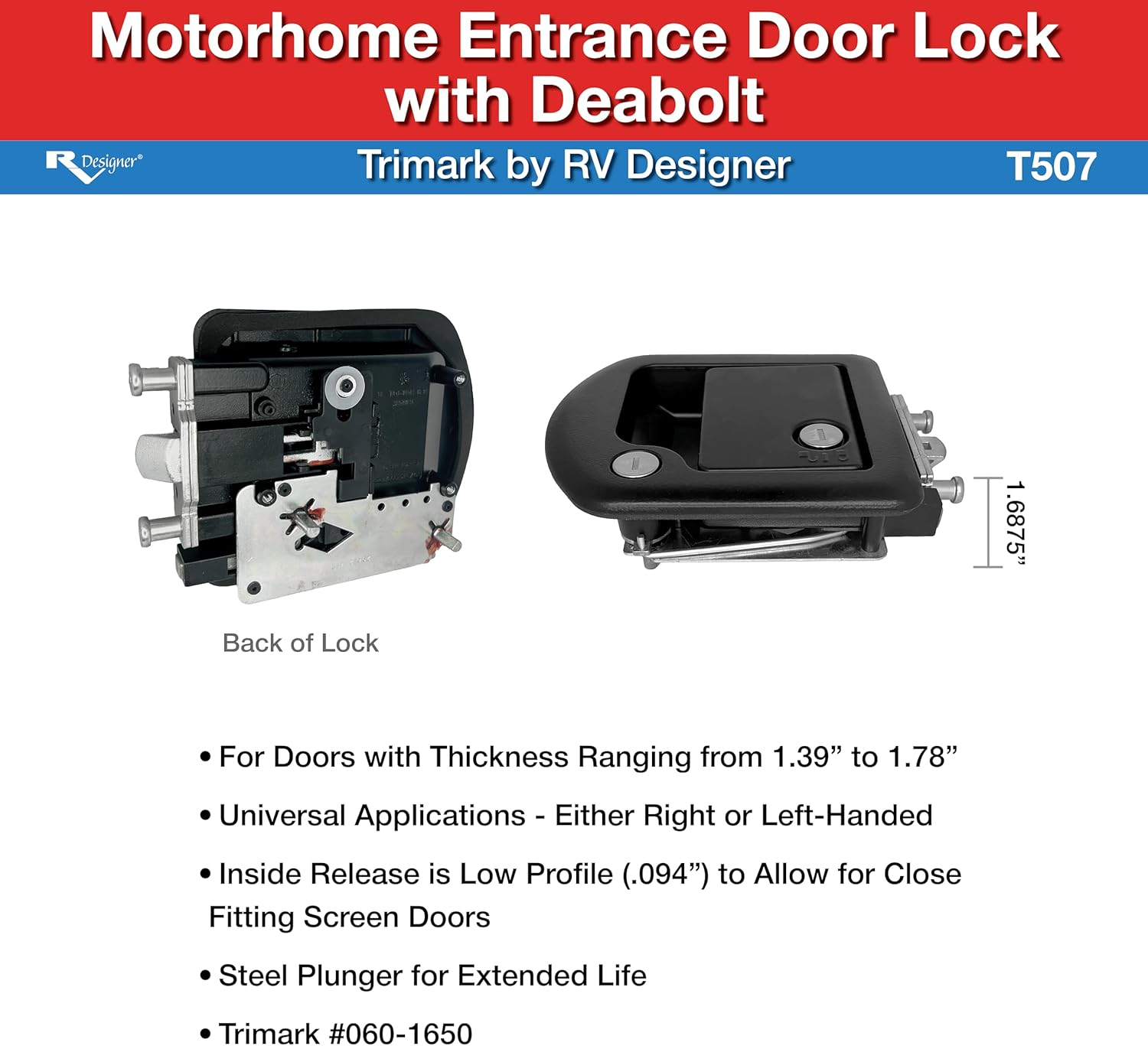 RV Designer T507 Motorhome Entrance Door Lock with Built-In Deadbolt for Trimark, Regular image number 5