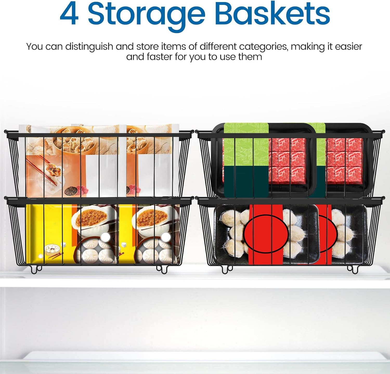 4 Pack Freezer Organizer Bins, Stackable Deep Freezer Organizer Bins, Chest Freezer Baskets for Sorting Frozen Meats and Food, Freezer Storage Basket with Foldable Handles image number 1