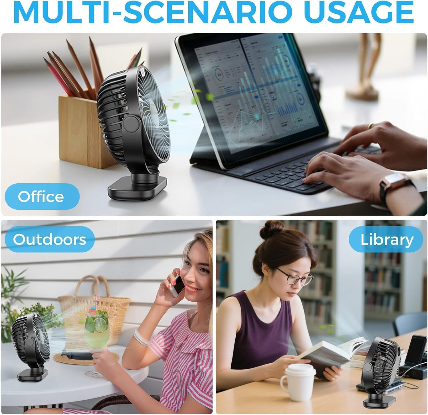 【Up to 18H】Rechargeable Desk Fan with LED Display &ndash; Portable 5000Mah USB Quiet Table Fan, 4-Speed 720&deg; Adjustable Cooling Fan for Home, Office, Bedroom, Travel, Outdoor image number 3